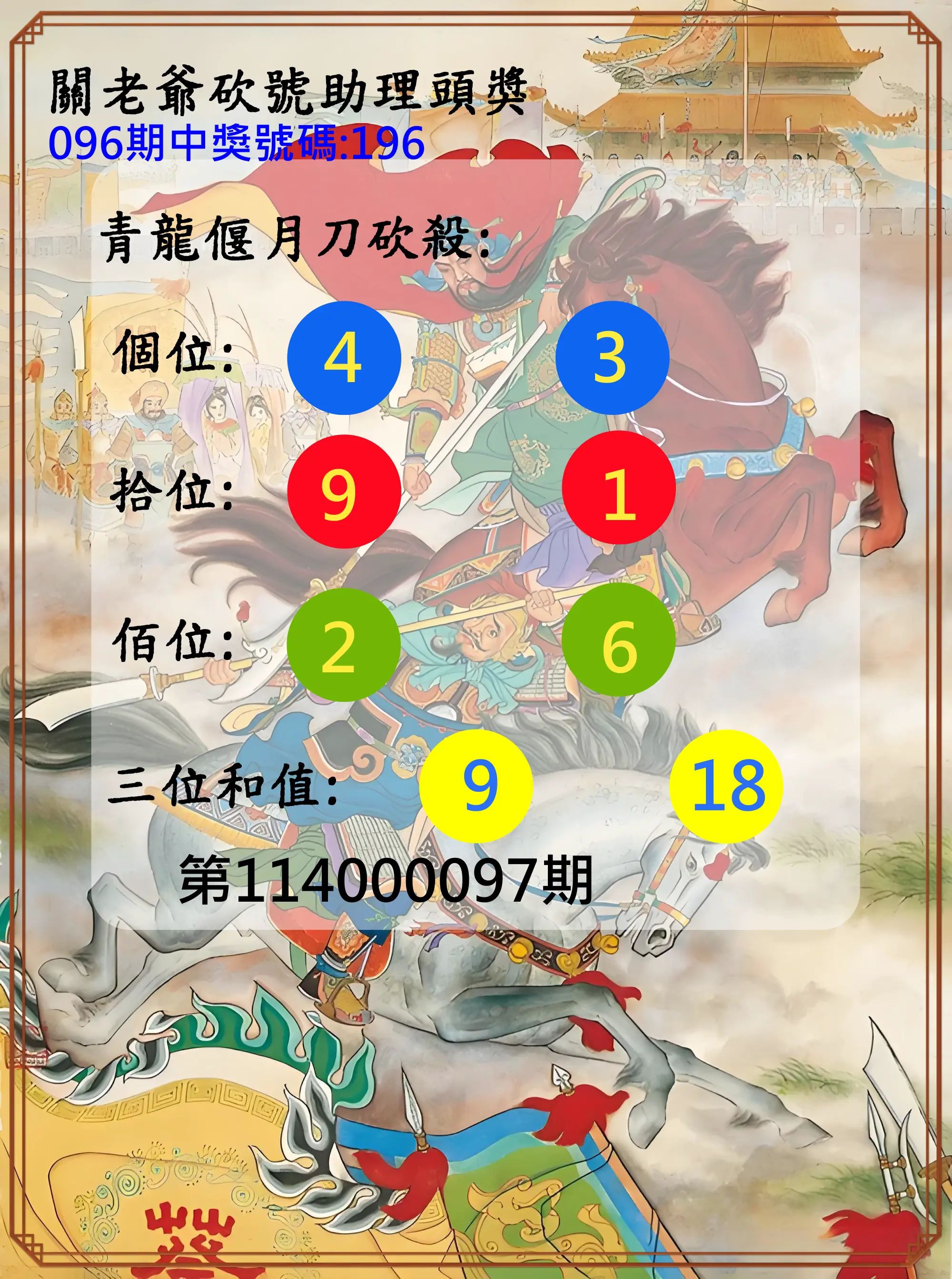 3星彩第114000097期關老爺砍號助理頭獎