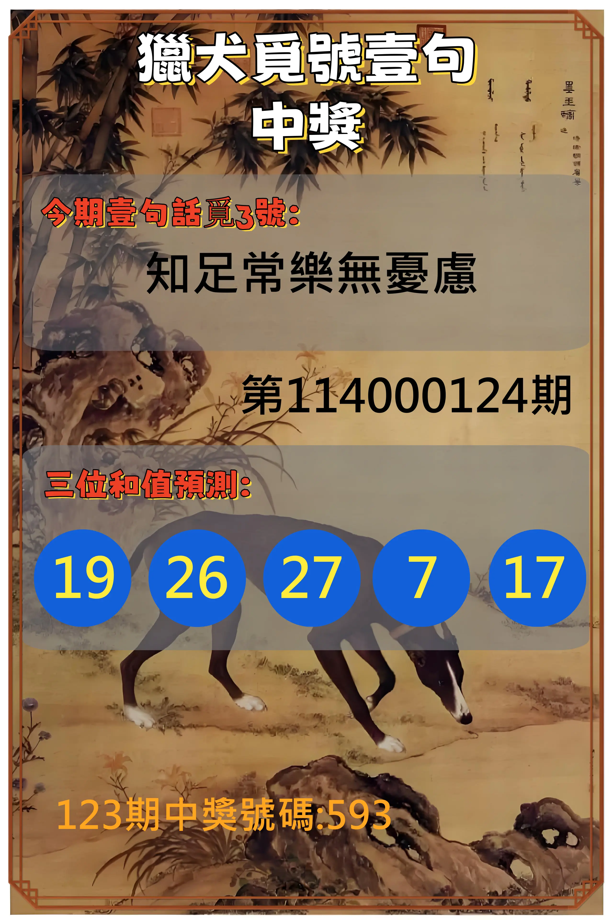 3星彩第114000124期獵犬覓號壹句中獎