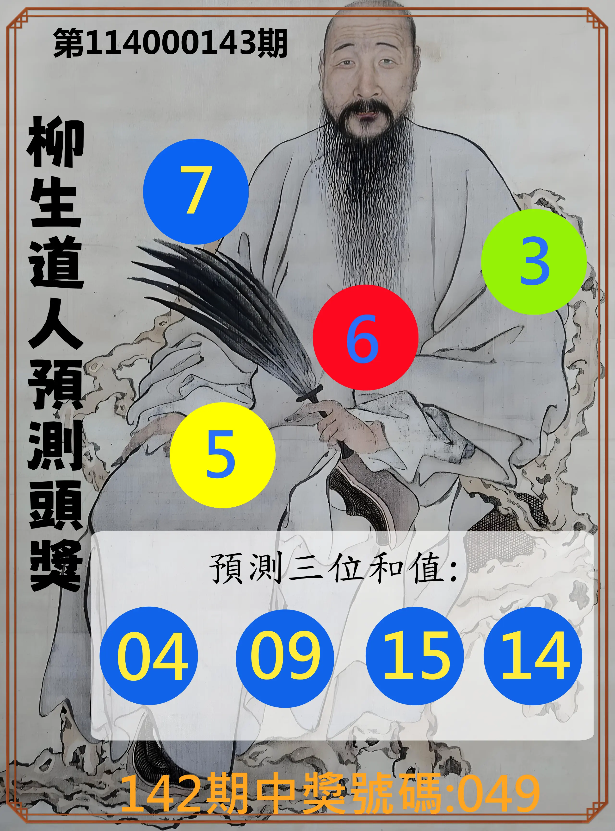 3星彩第114000143期柳生道人預測頭獎