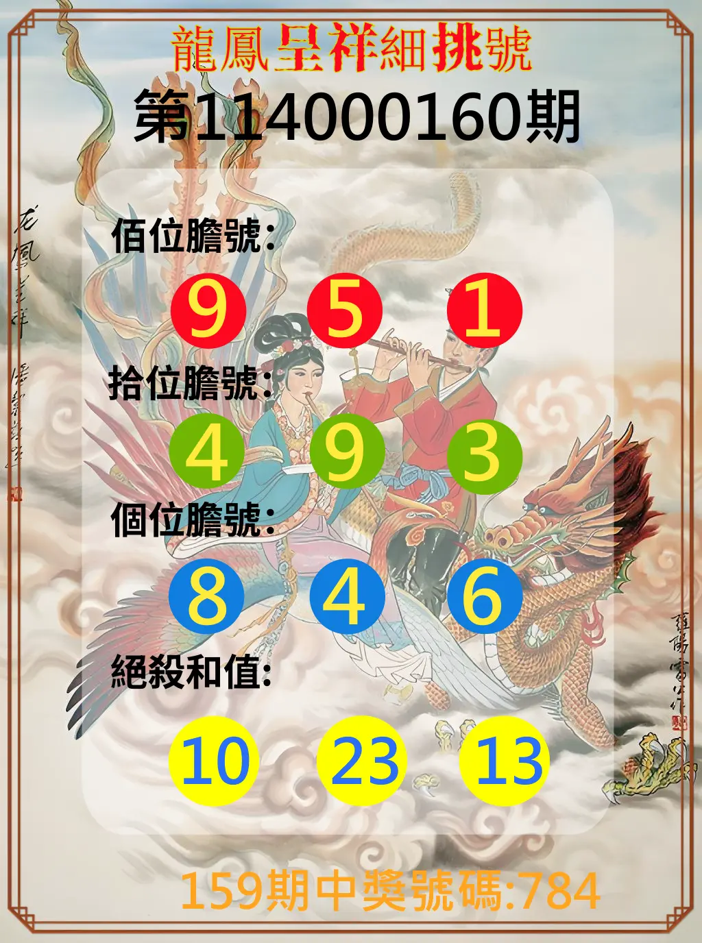 3星彩第114000160期(07/03)龍鳳呈祥細挑號