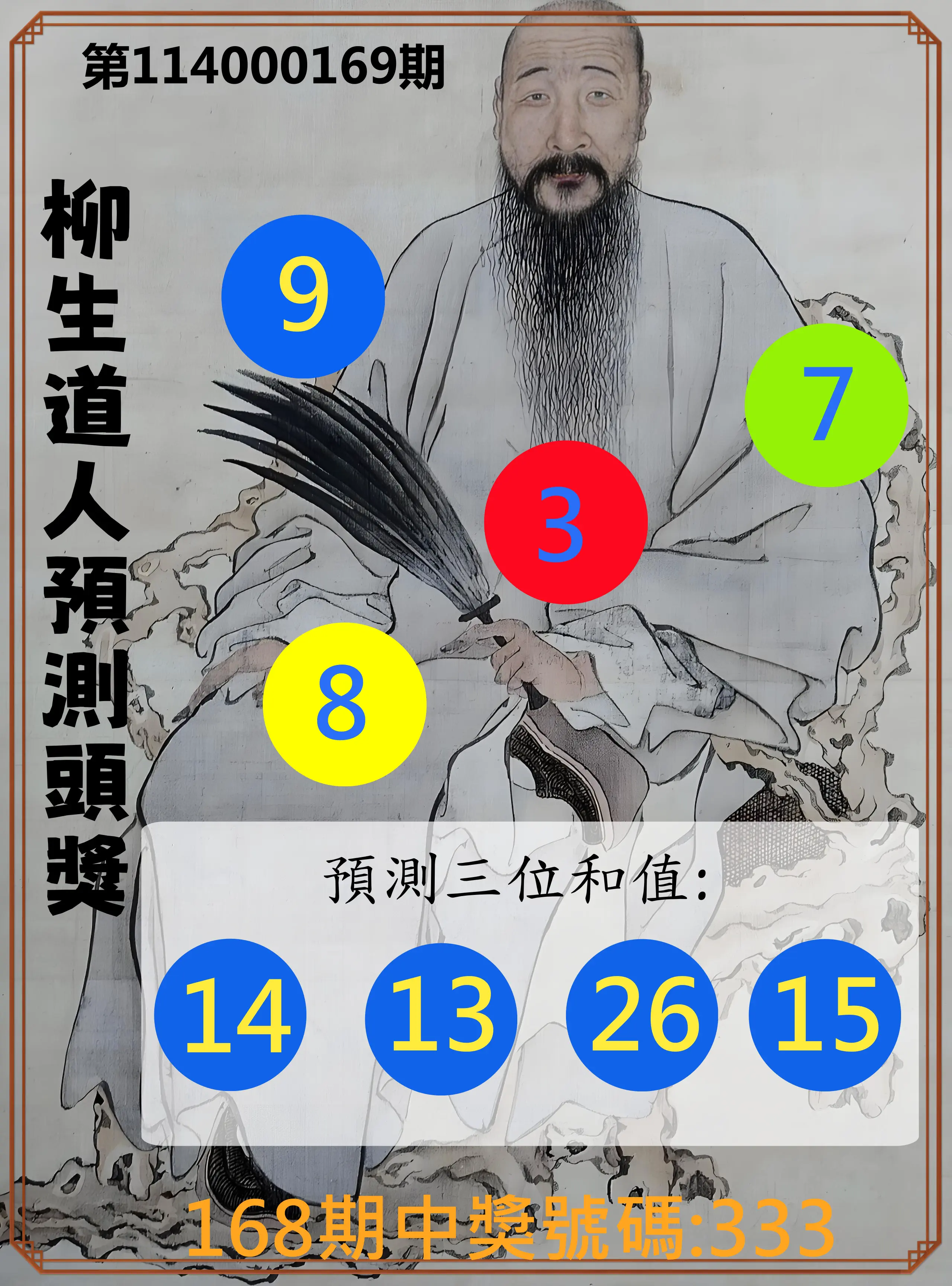 3星彩第114000169期(07/12)柳生道人預測頭獎