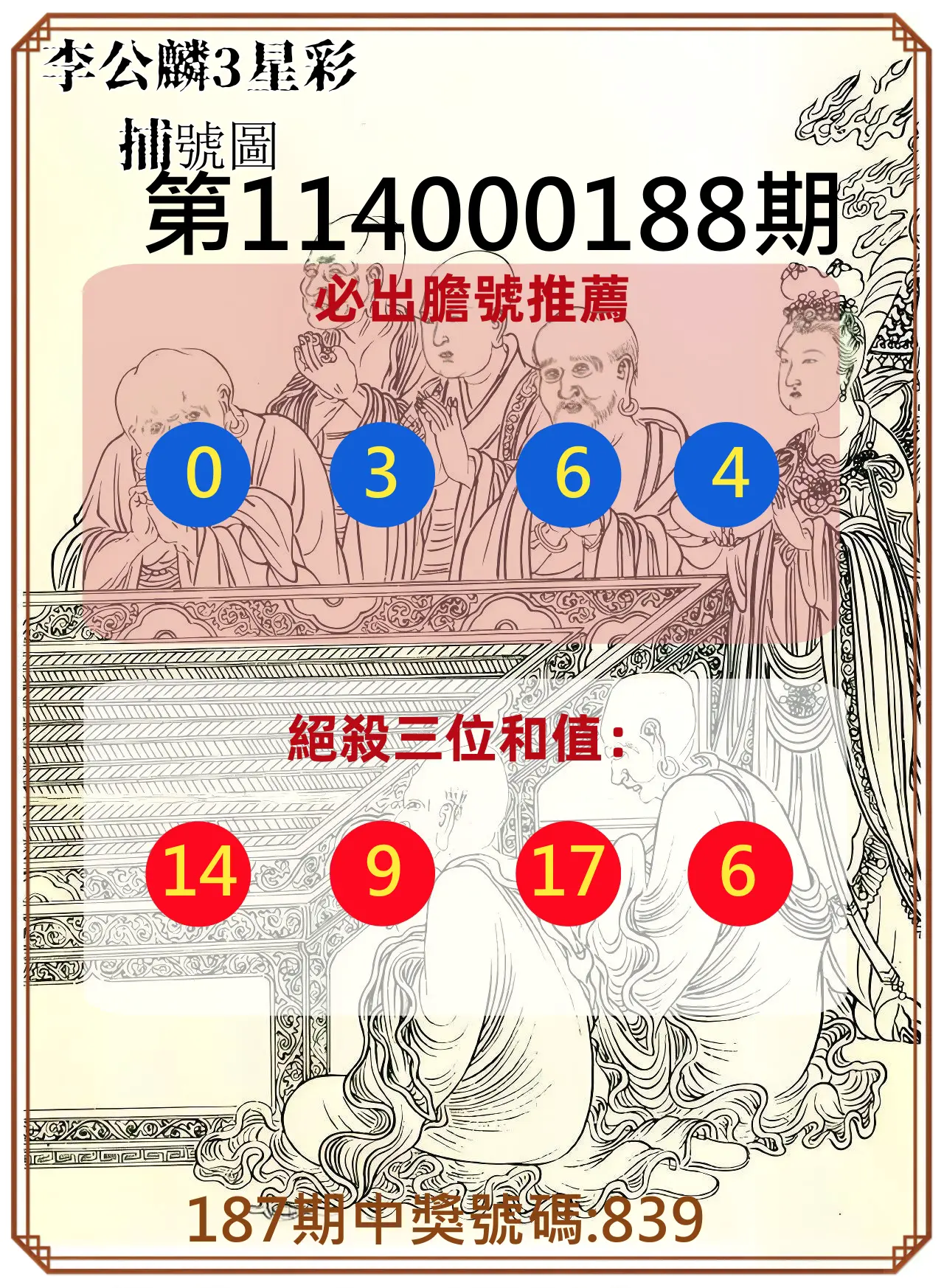 3星彩第114000188期(08/04)李公麟3星彩捕號圖