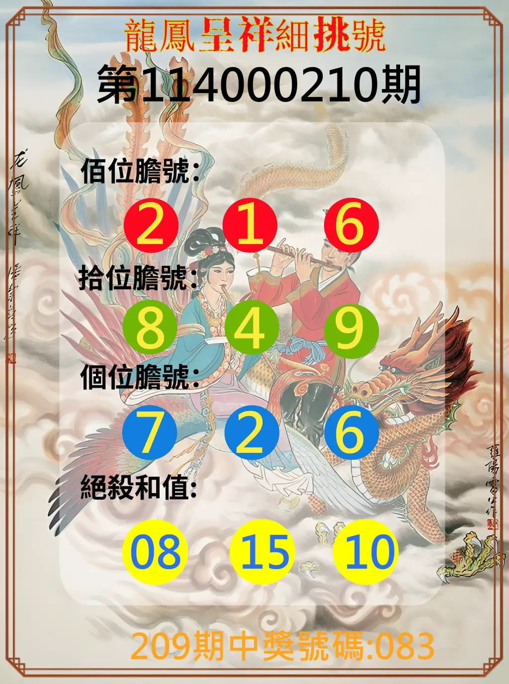 3星彩第114000210期(08/29)龍鳳呈祥細挑號