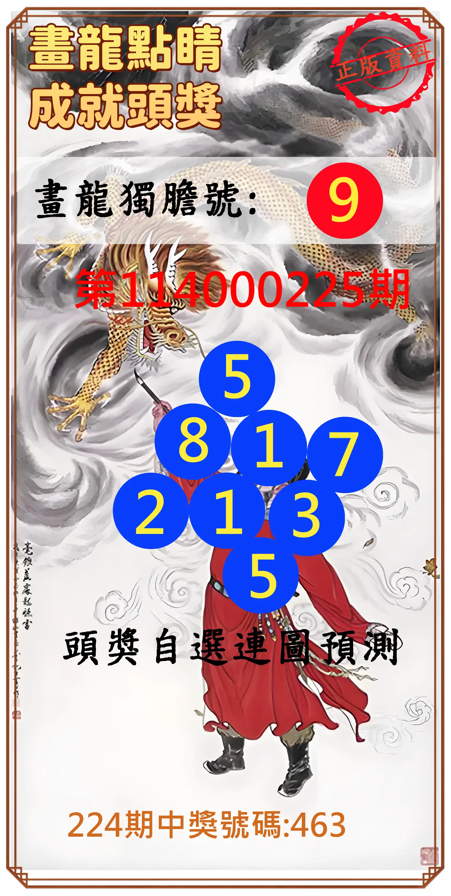 3星彩第114000225期(09/16)畫龍點睛成就頭獎