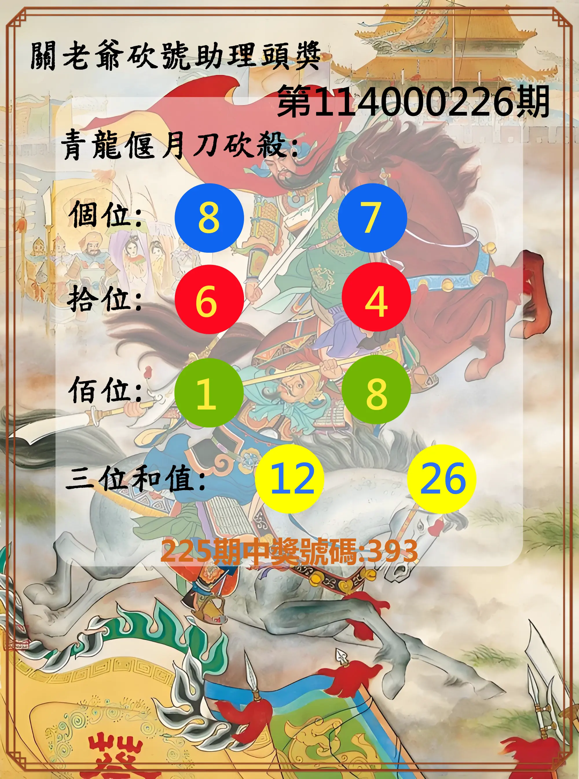 3星彩第114000226期(09/17)關老爺砍號助理頭獎