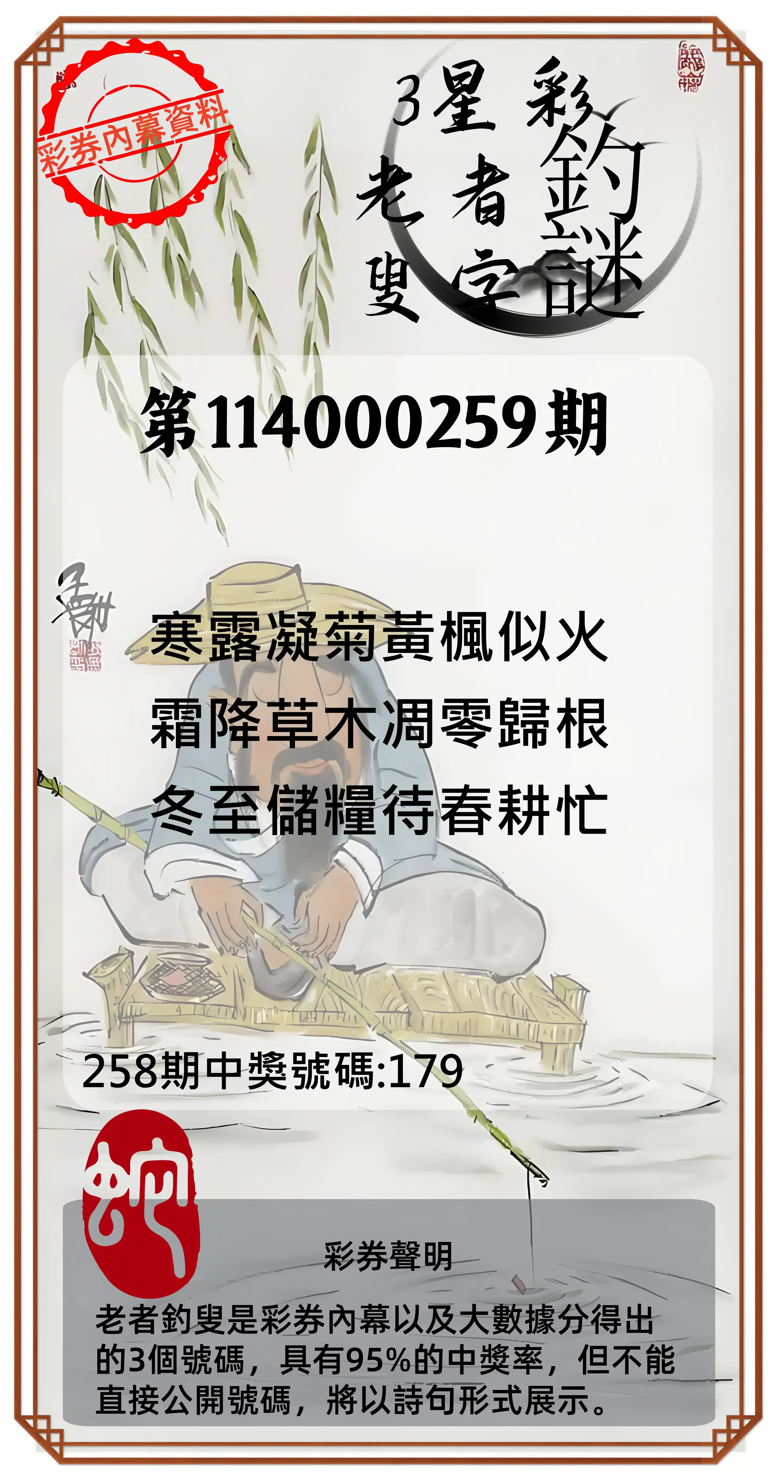 3星彩第114000259期(10/25)老者釣叟頭獎