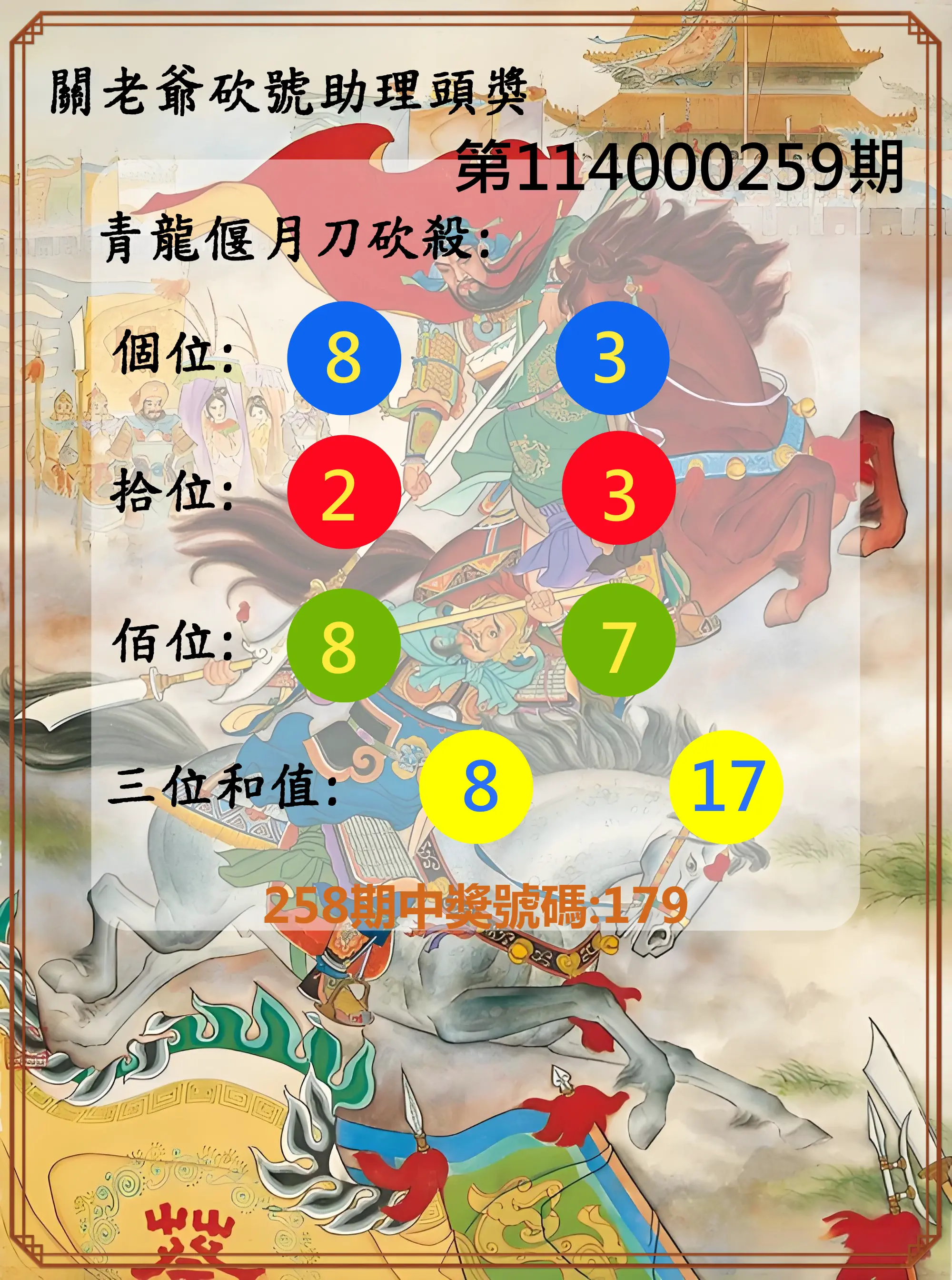 3星彩第114000259期(10/25)關老爺砍號助理頭獎