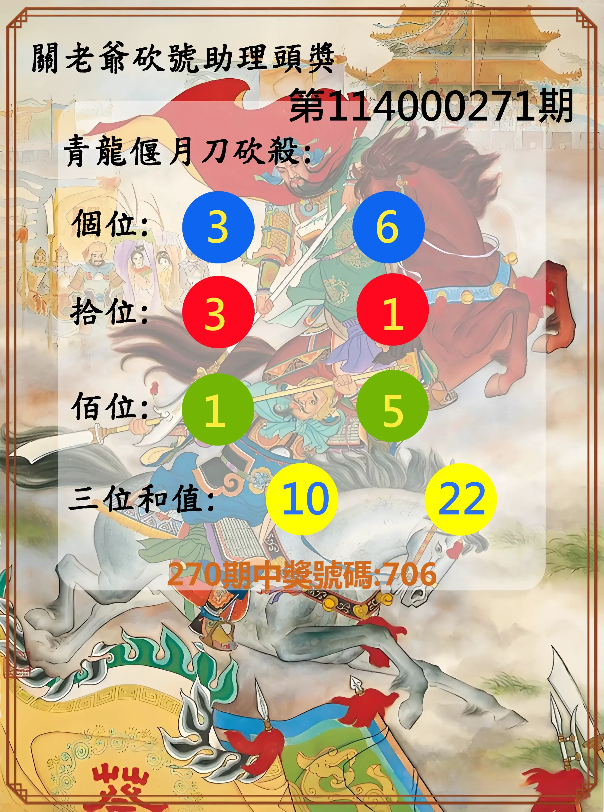 3星彩第114000271期(11/08)關老爺砍號助理頭獎