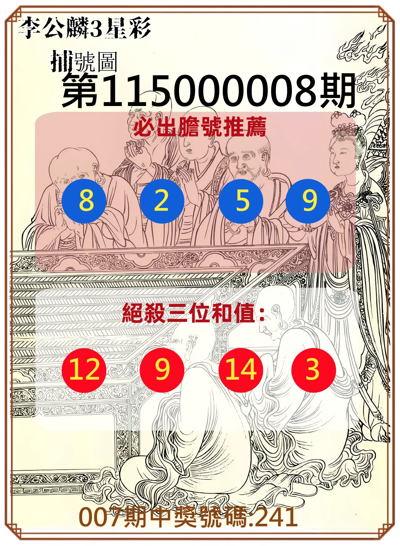 3星彩第115000008期(01/09)李公麟3星彩捕號圖