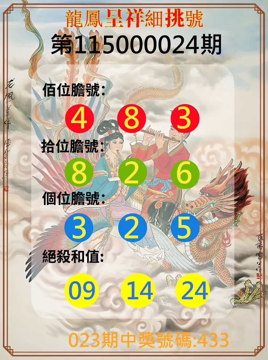 3星彩第115000024期(01/28)龍鳳呈祥細挑號