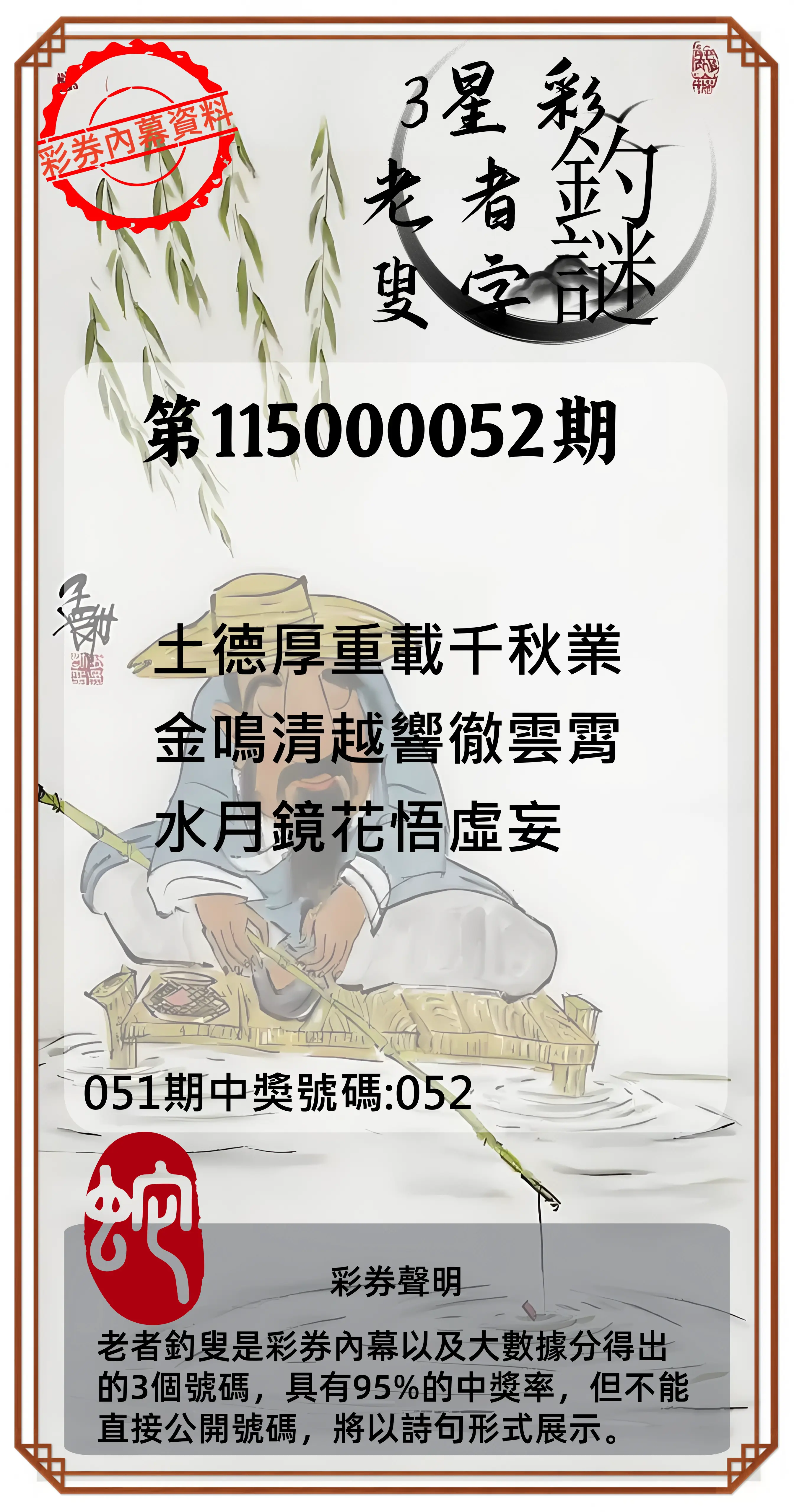 3星彩第115000052期(02/27)老者釣叟頭獎