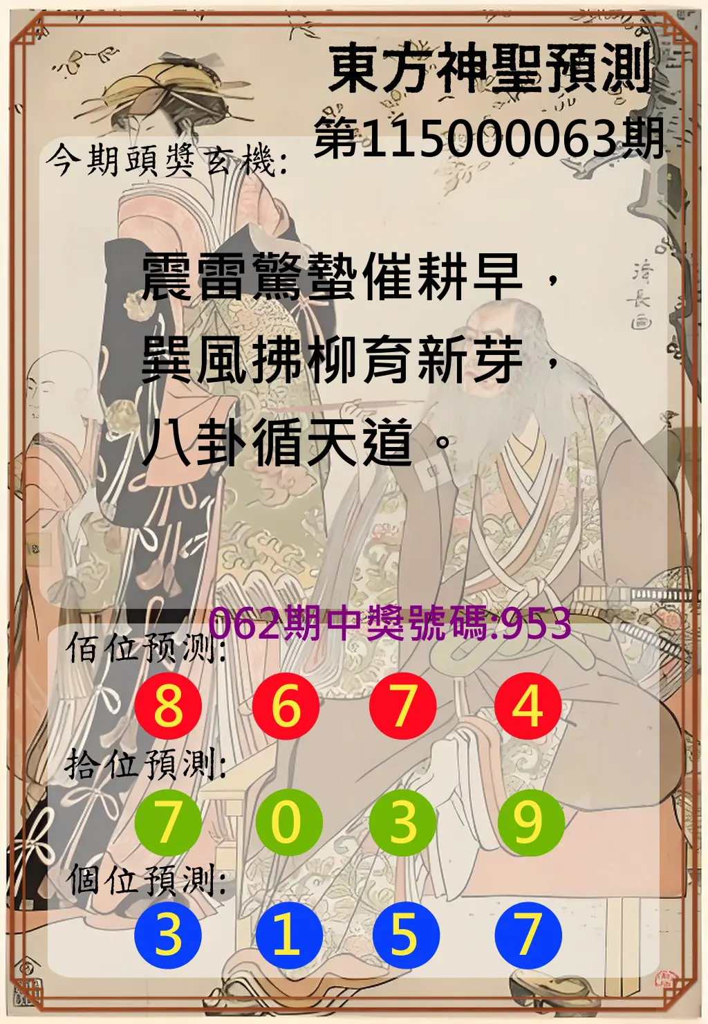 3星彩第115000063期(03/11)東方神聖預測