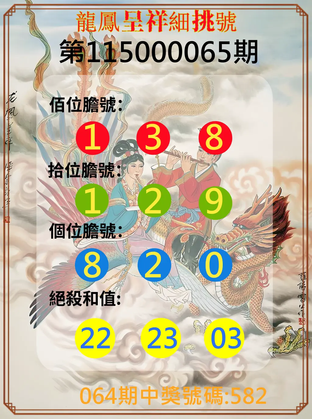 3星彩第115000065期(03/13)龍鳳呈祥細挑號