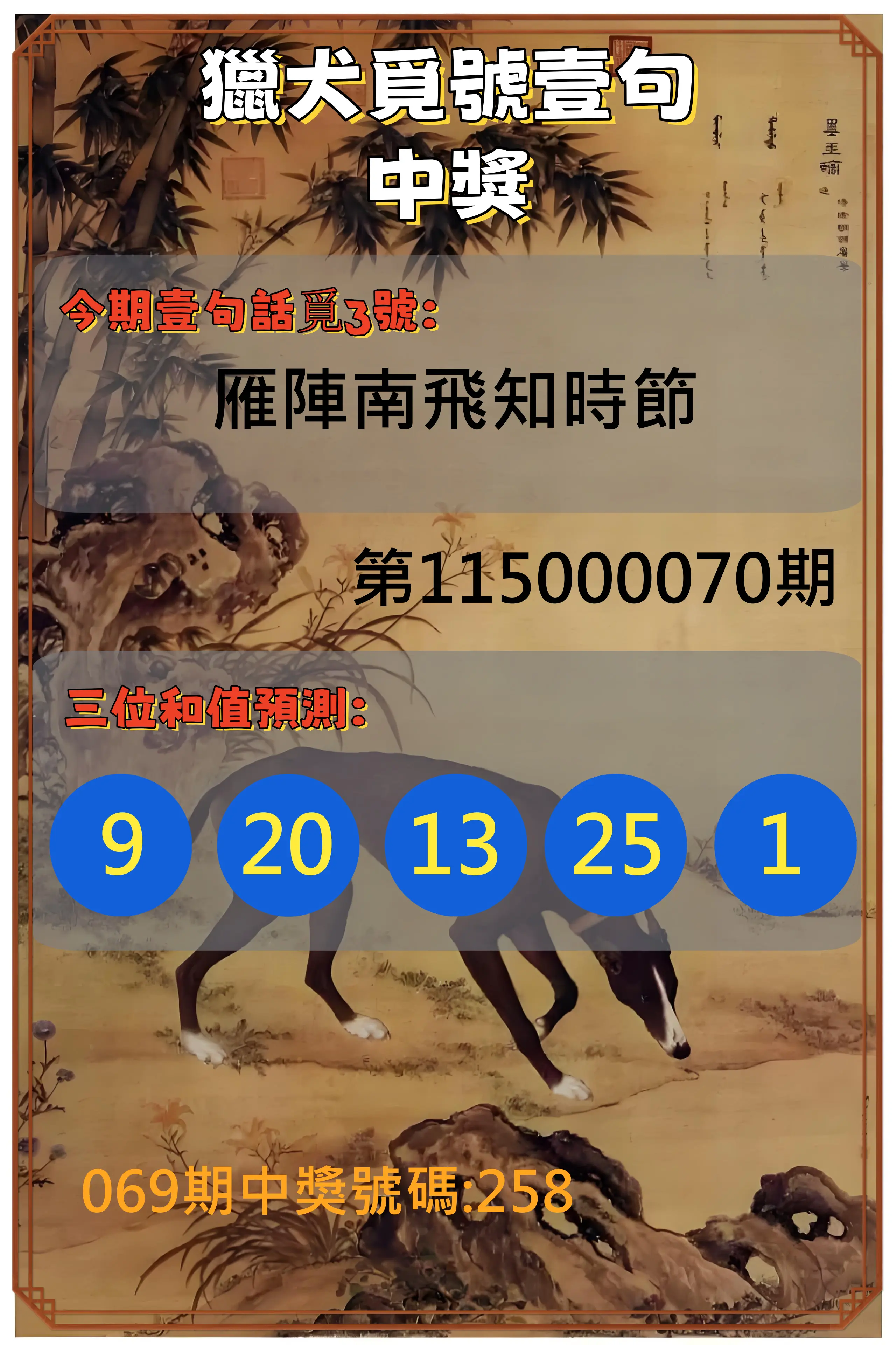 3星彩第115000070期(03/19)獵犬覓號壹句中獎