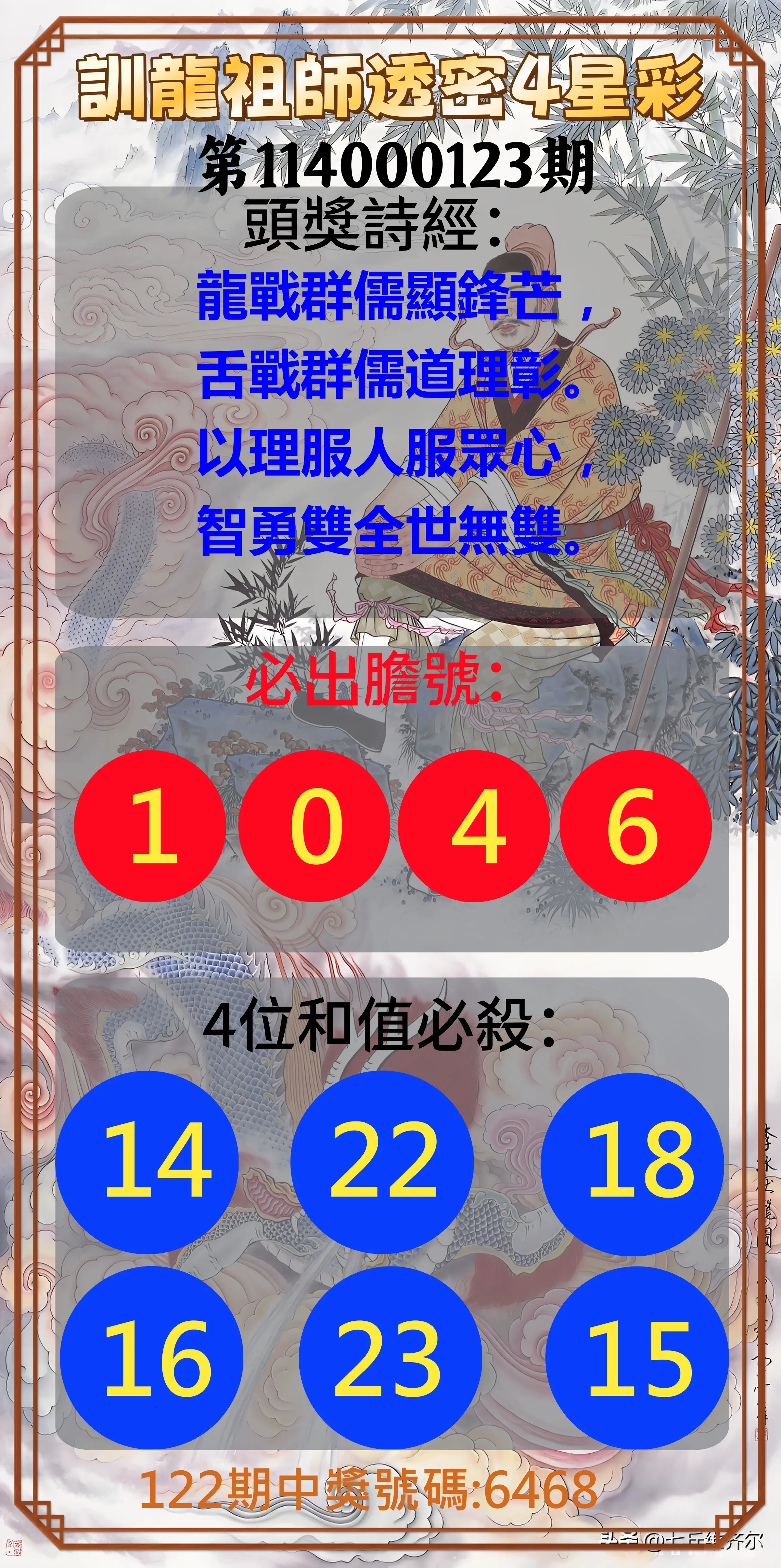 4星彩第114000123期訓龍祖師透密4星彩