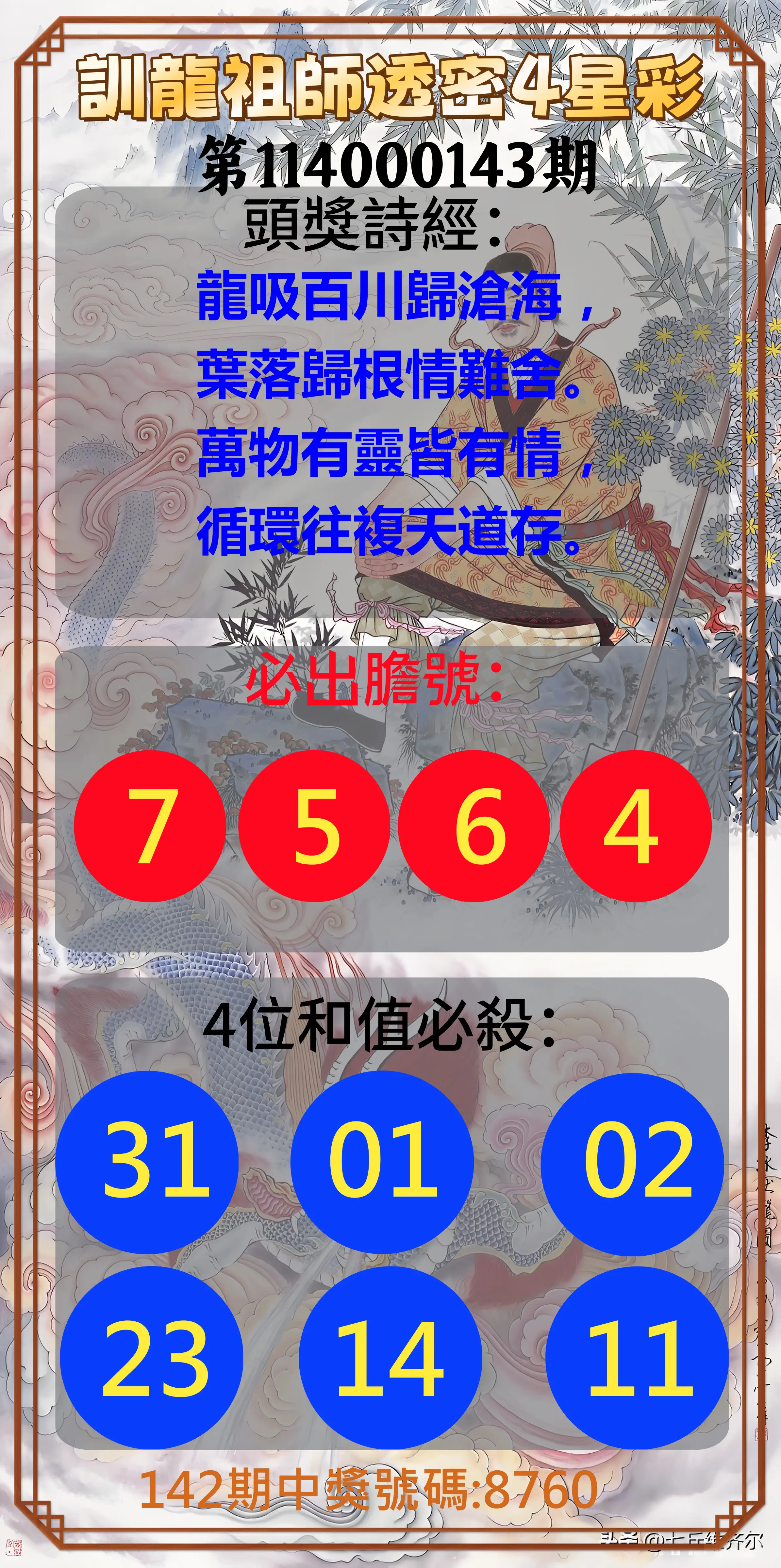 4星彩第114000143期訓龍祖師透密4星彩