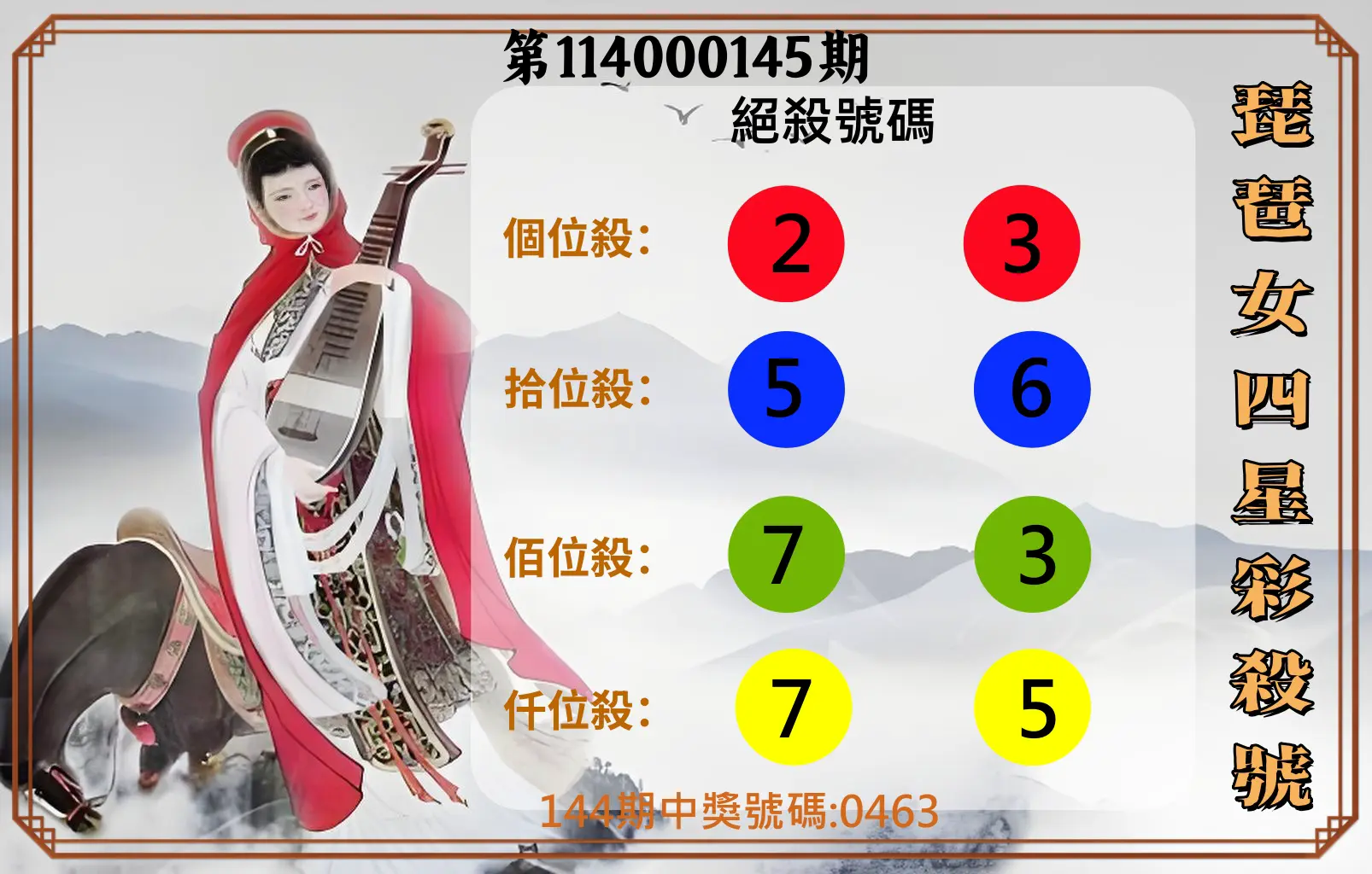 4星彩第114000145期琵琶女四星彩殺號