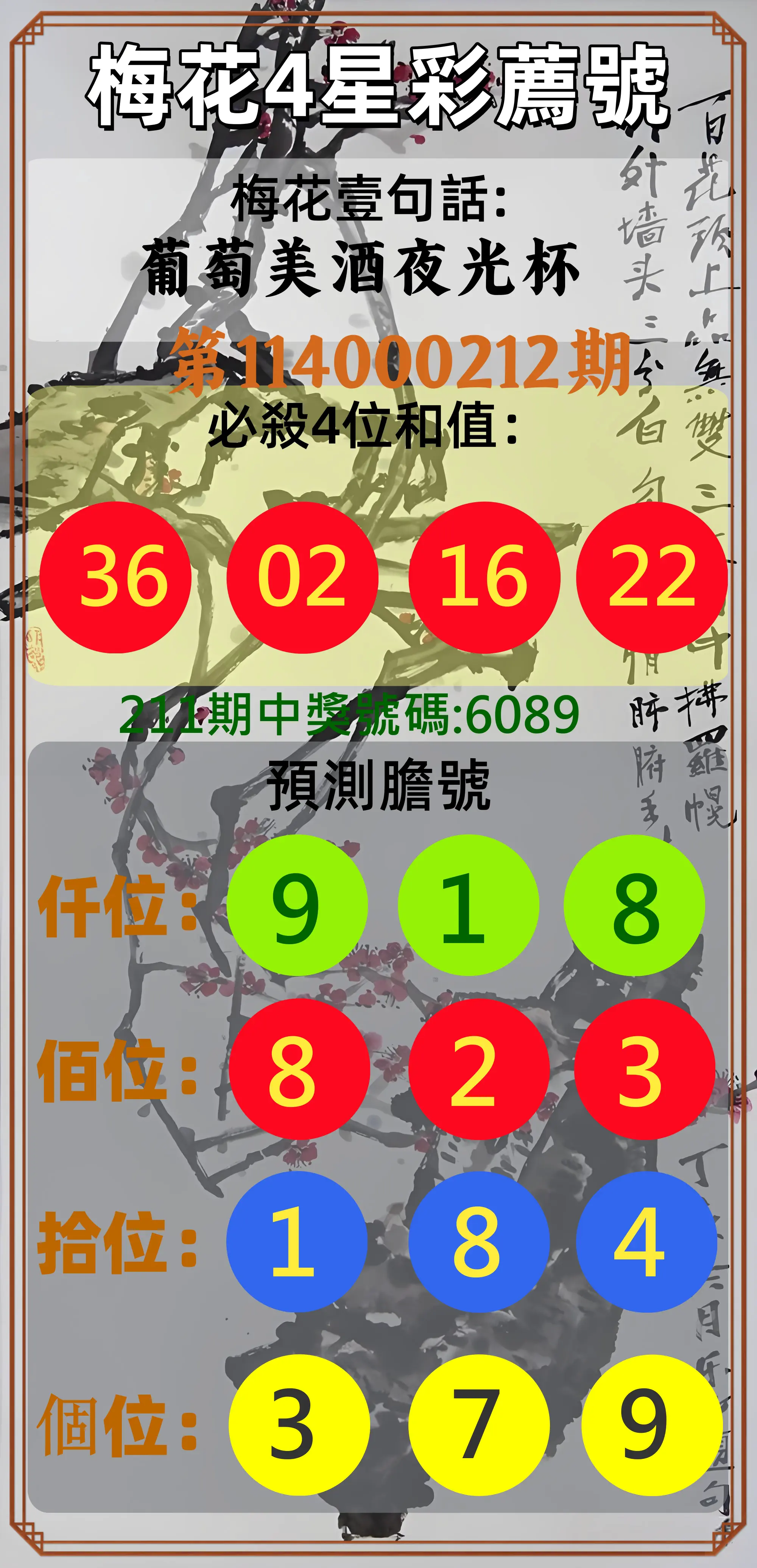 4星彩第114000212期(09/01)梅花4星彩薦號