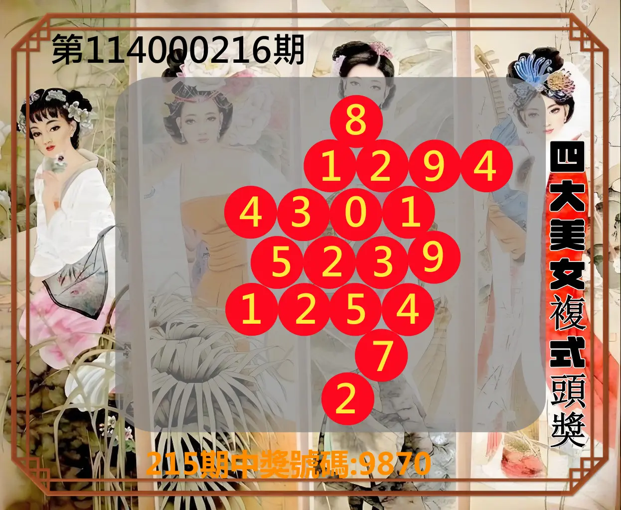 4星彩第114000216期(09/05)四大美女複式頭獎