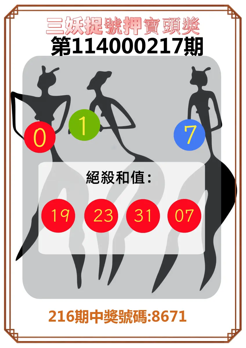 4星彩第114000217期(09/06)三妖捉號押寶頭獎