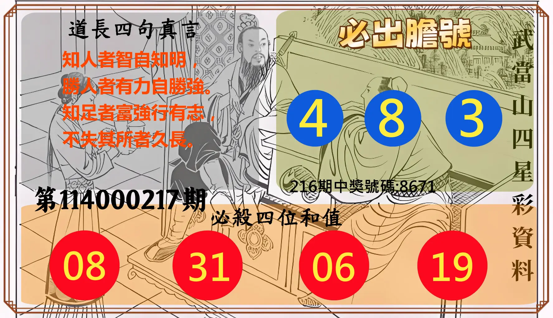 4星彩第114000217期(09/06)武當山四星彩資料