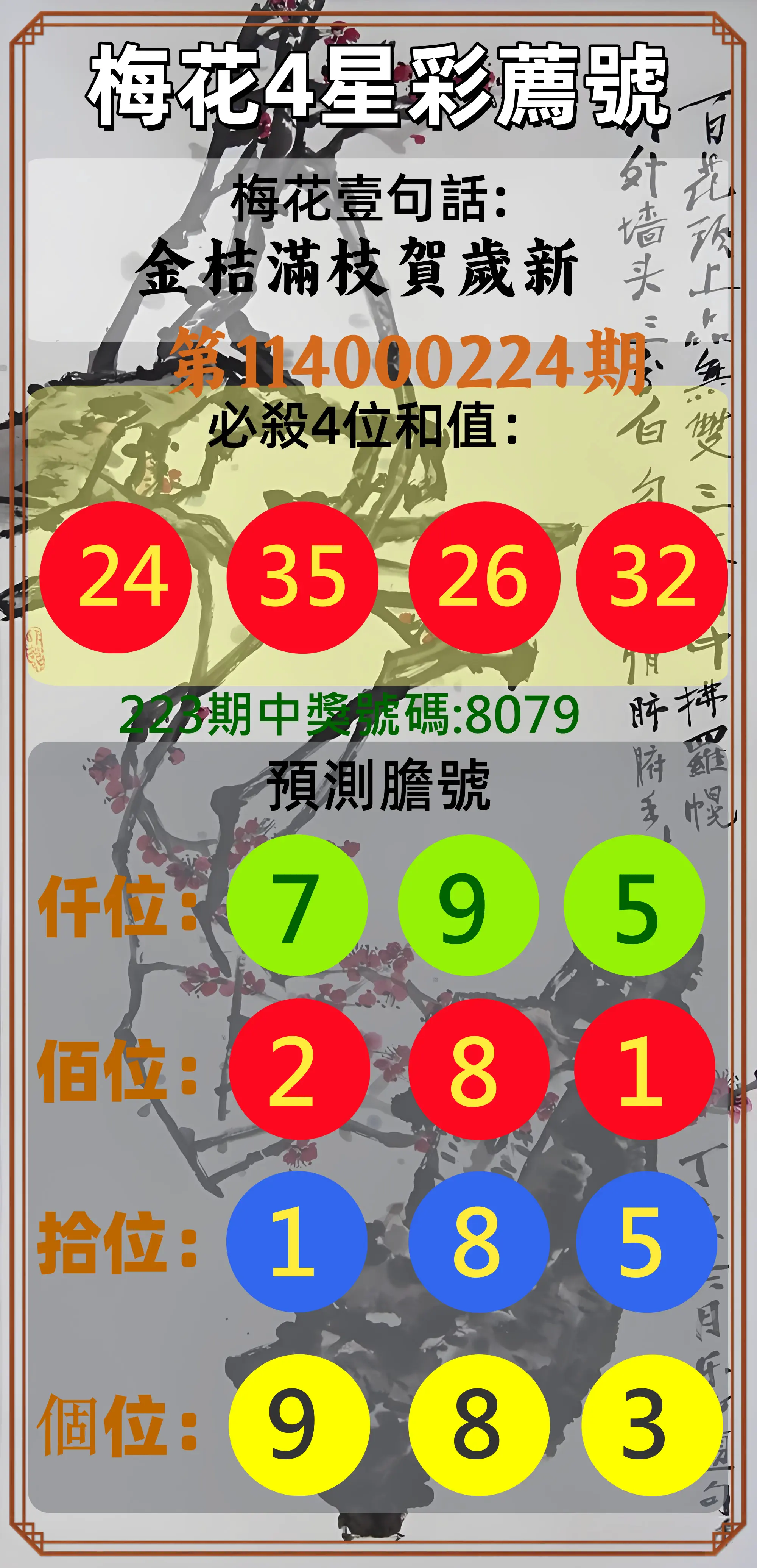 4星彩第114000224期(09/15)梅花4星彩薦號