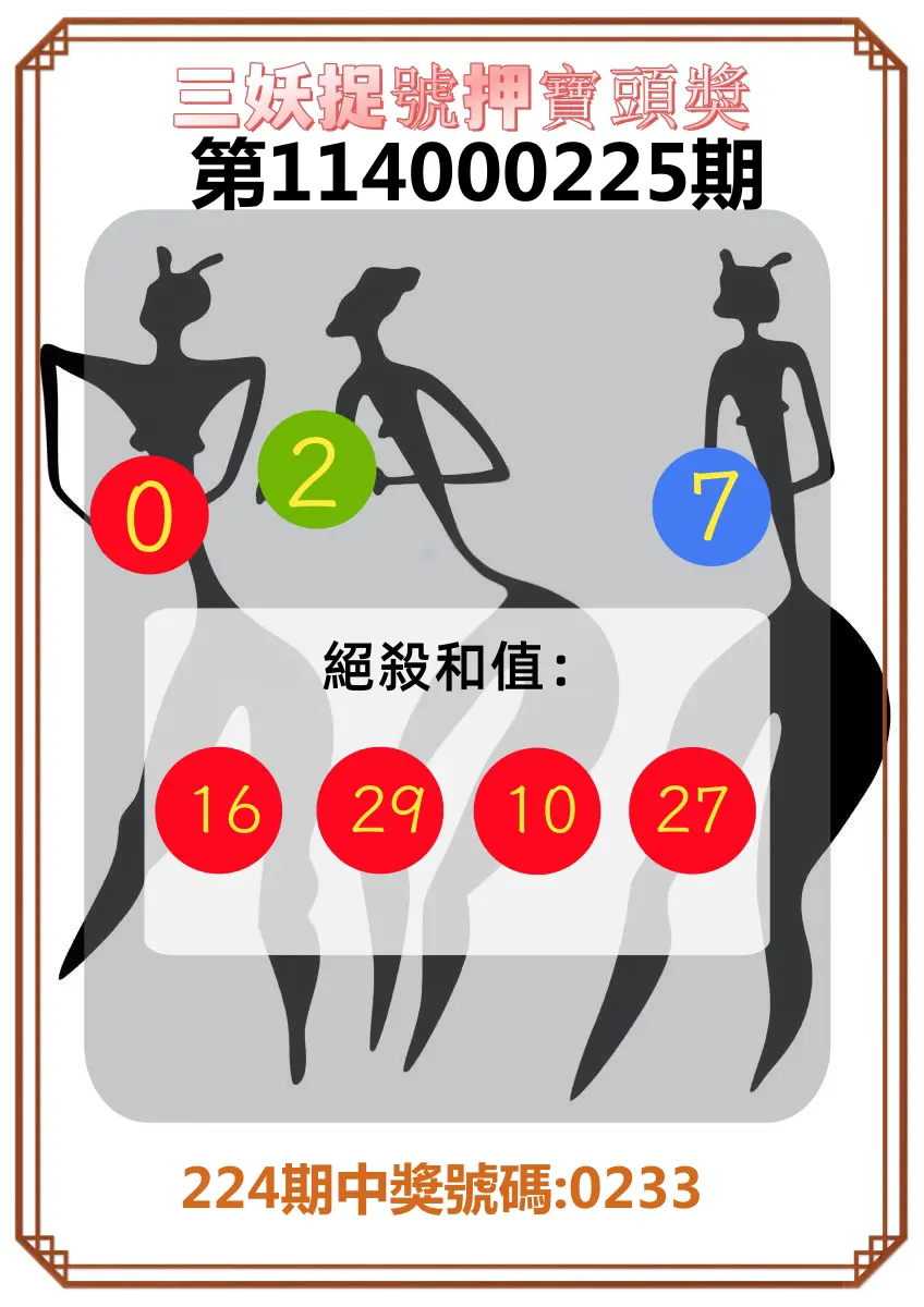 4星彩第114000225期(09/16)三妖捉號押寶頭獎