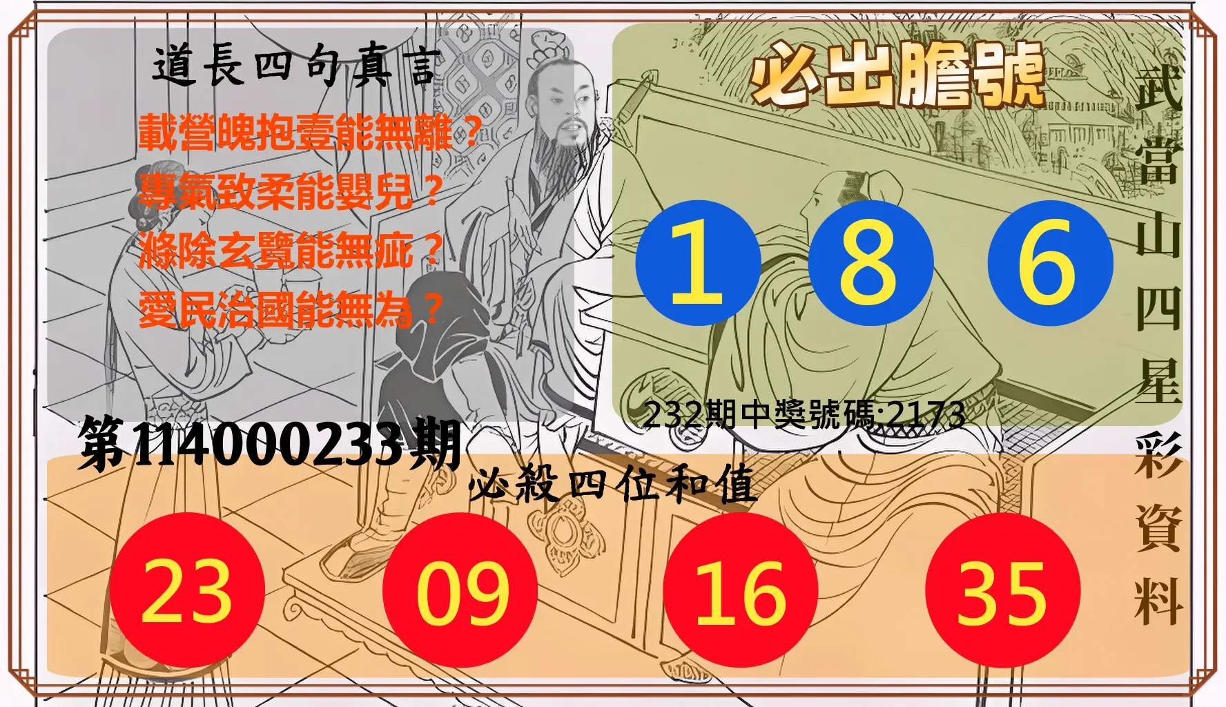 4星彩第114000233期(09/25)武當山四星彩資料