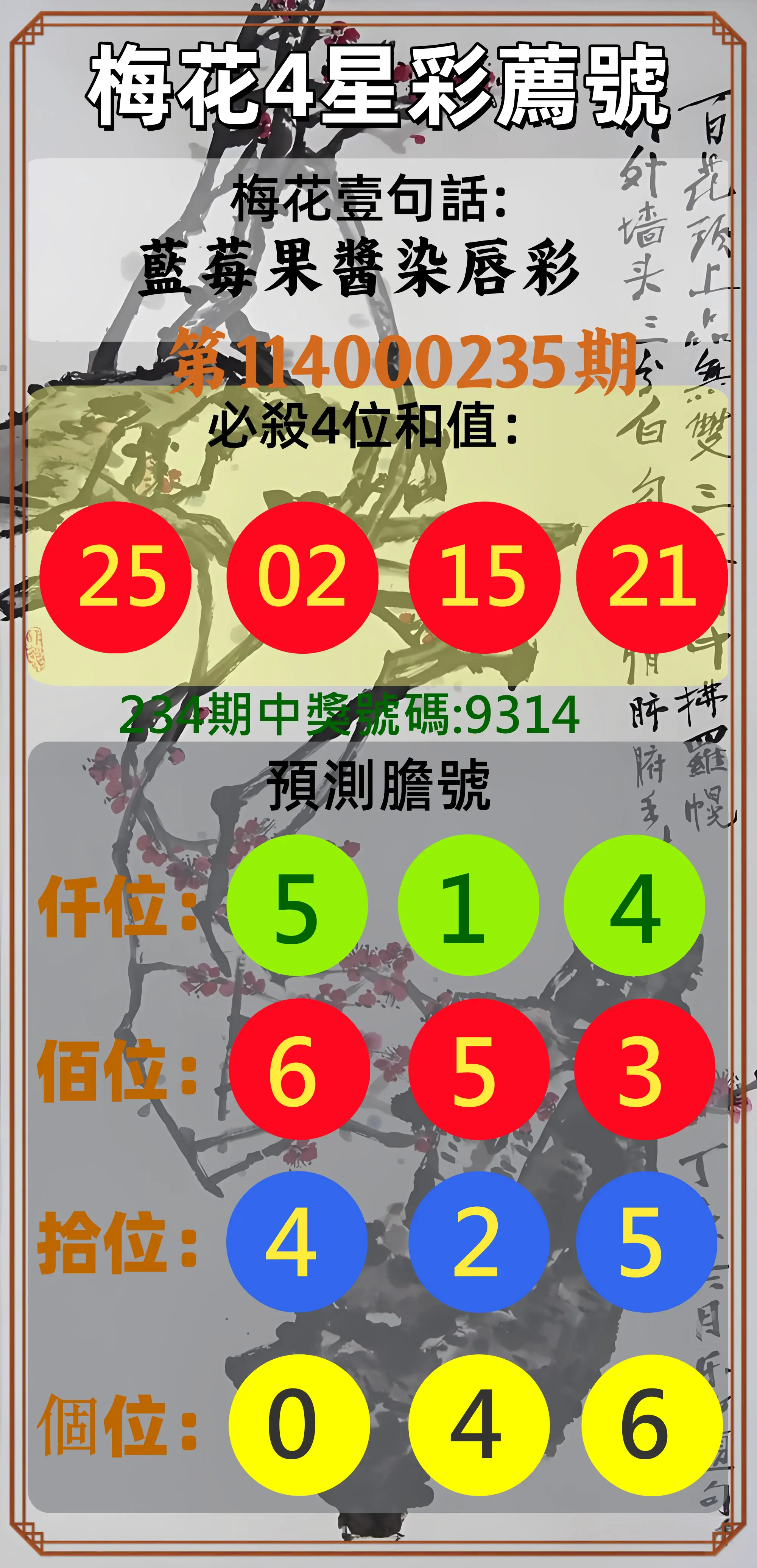 4星彩第114000235期(09/27)梅花4星彩薦號