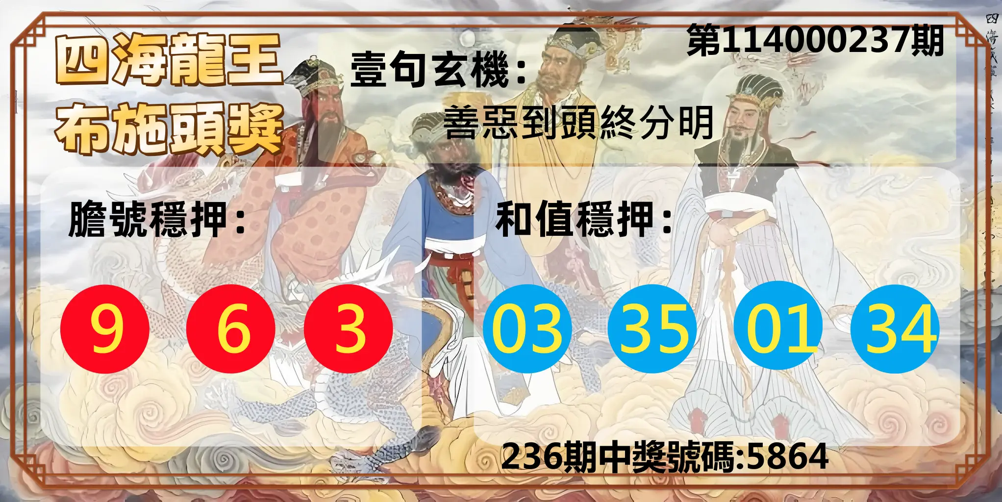 4星彩第114000237期(09/30)四海龍王布施頭獎
