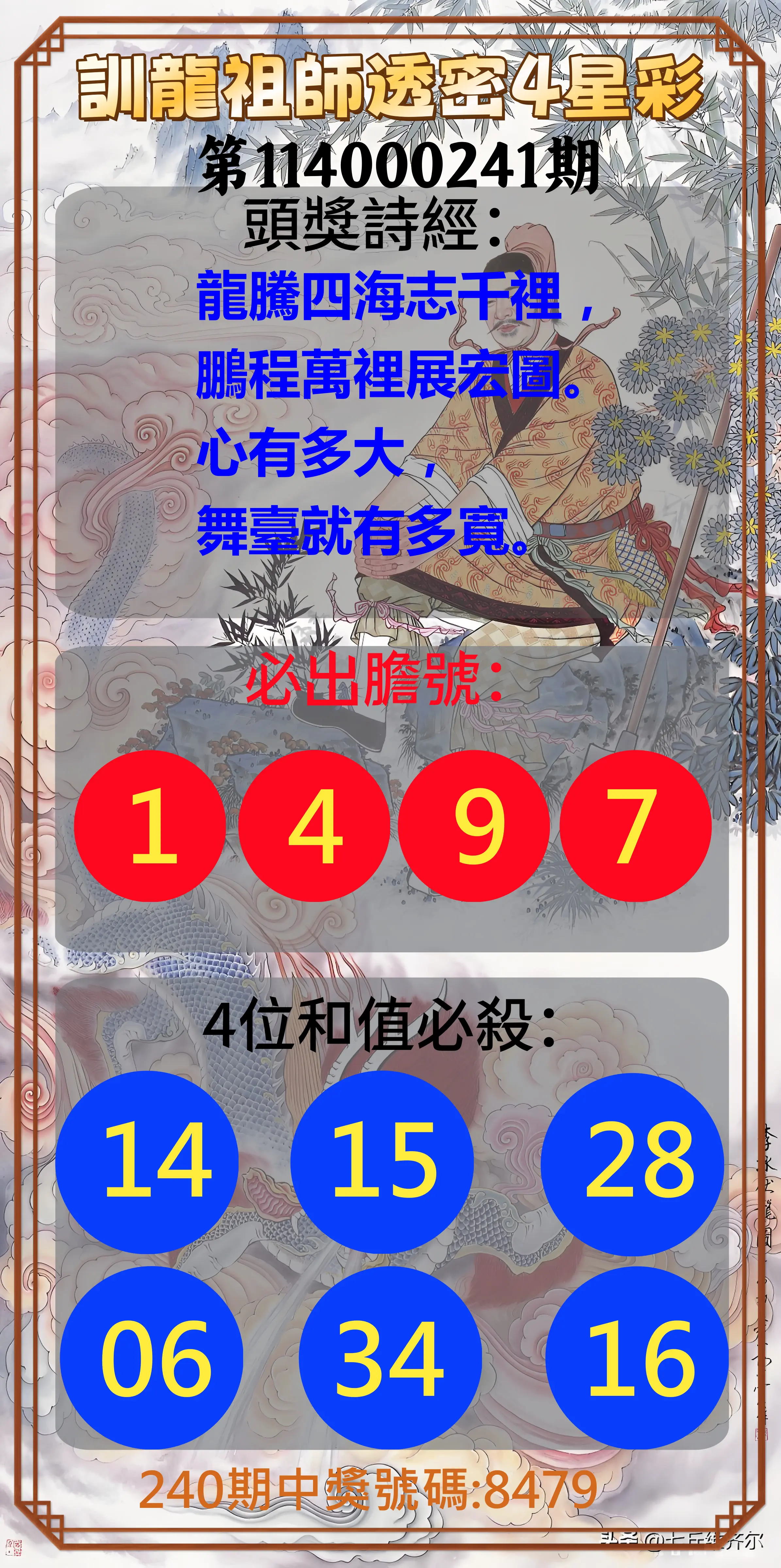 4星彩第114000241期(10/04)訓龍祖師透密4星彩