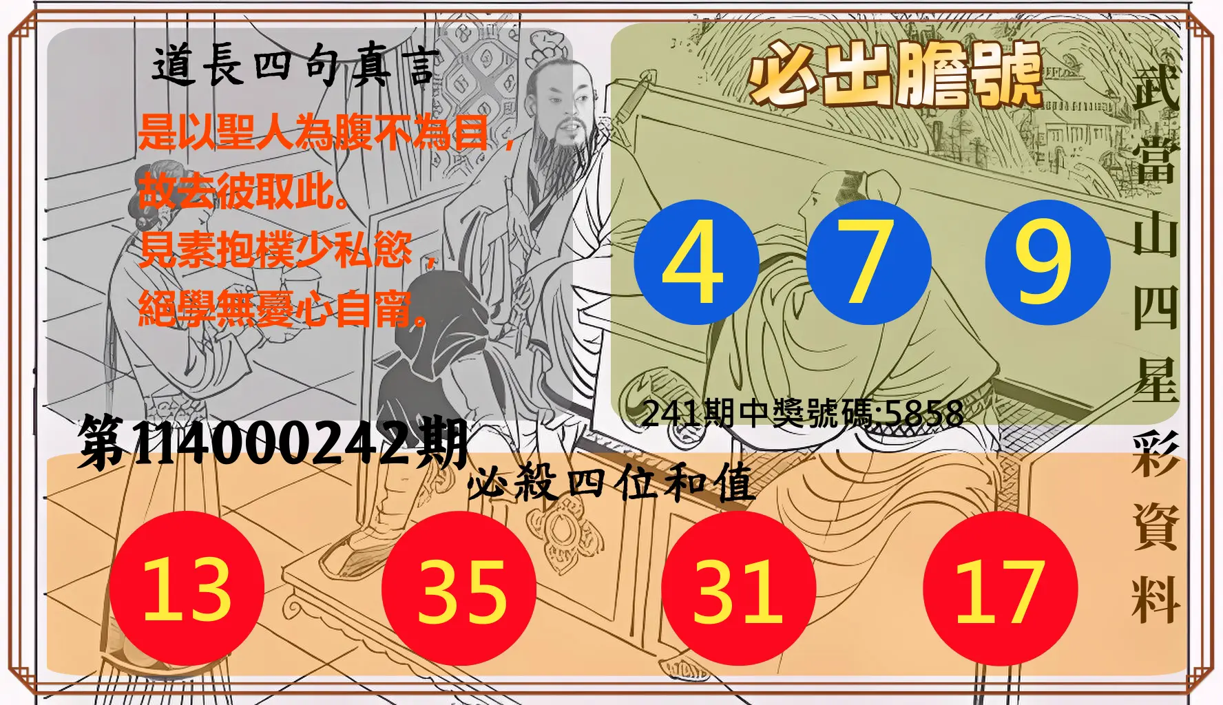 4星彩第114000242期(10/06)武當山四星彩資料