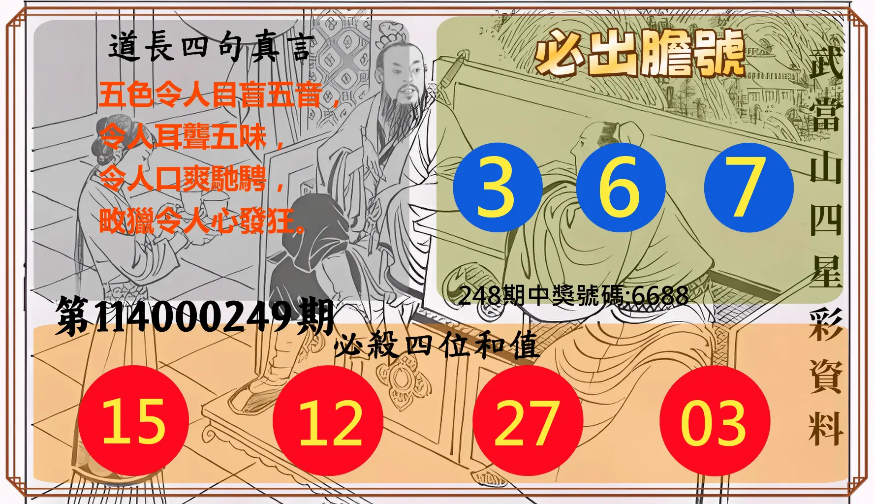 4星彩第114000249期(10/14)武當山四星彩資料