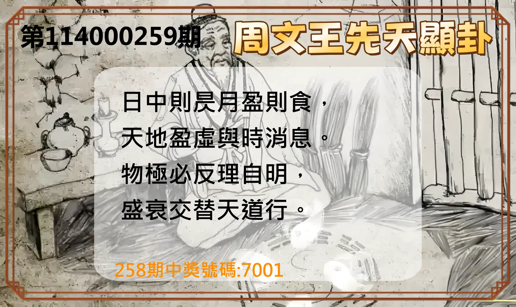 4星彩第114000259期(10/25)周文王先天顯卦