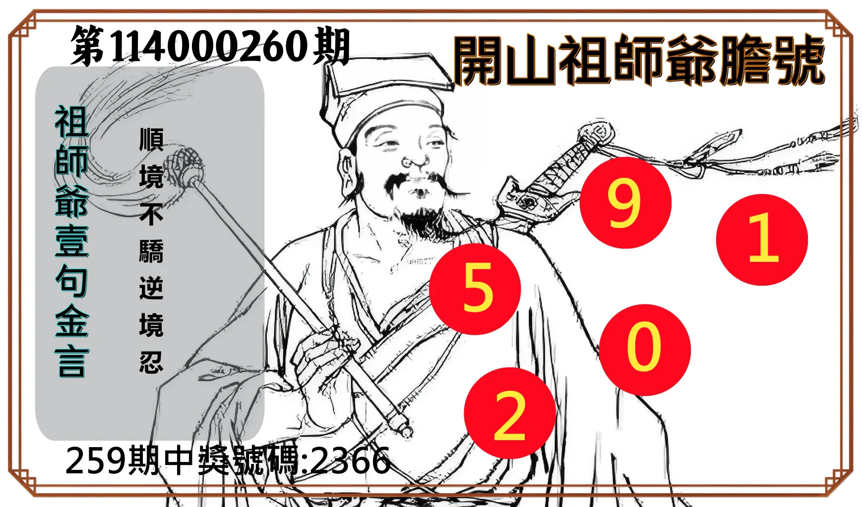 4星彩第114000260期(10/27)開山祖師爺膽號