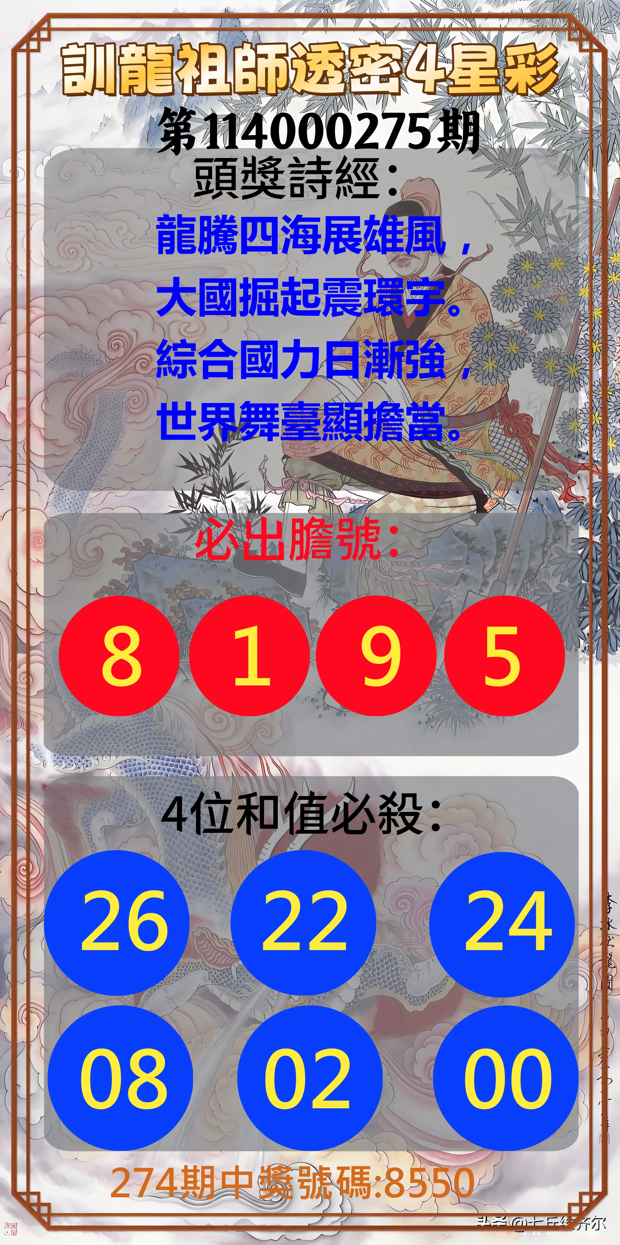4星彩第114000275期(11/13)訓龍祖師透密4星彩