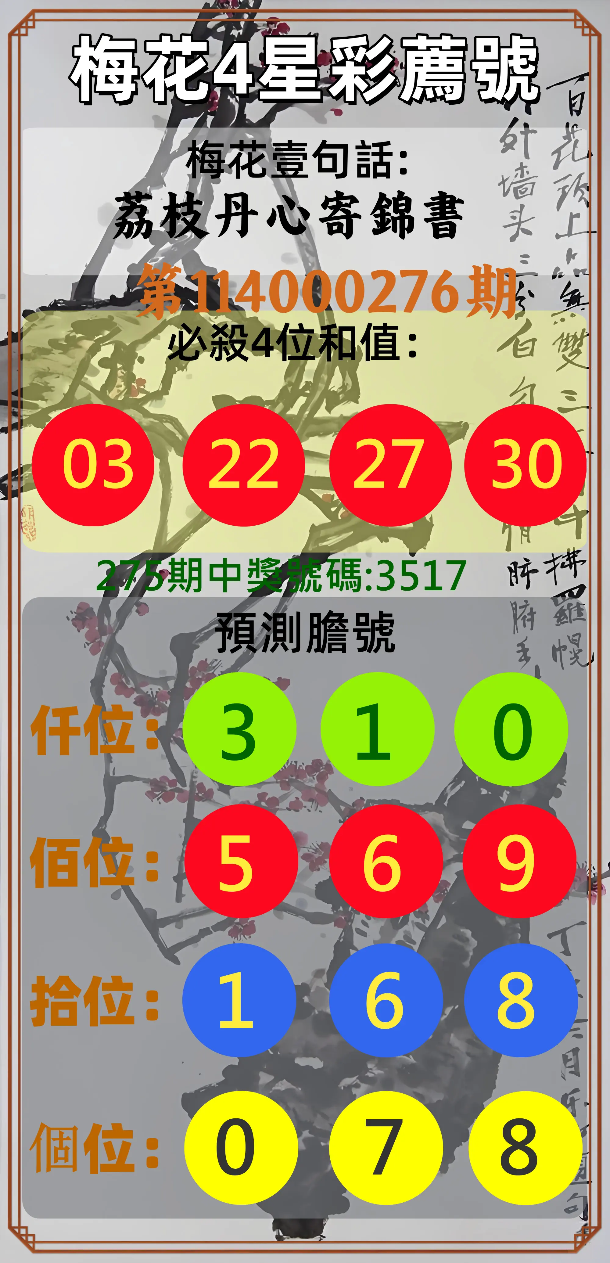 4星彩第114000276期(11/14)梅花4星彩薦號