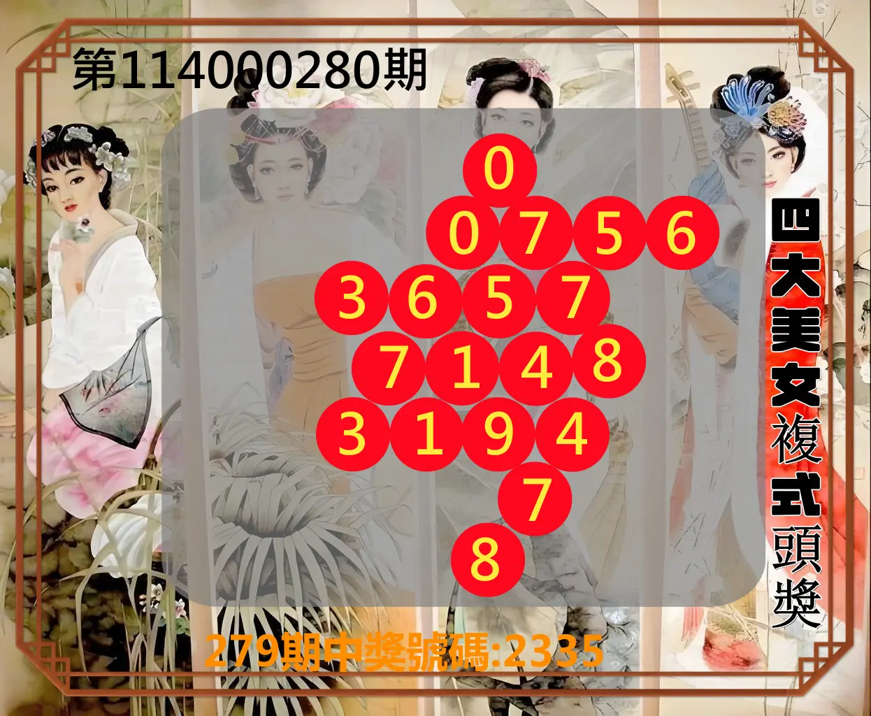 4星彩第114000280期(11/19)四大美女複式頭獎