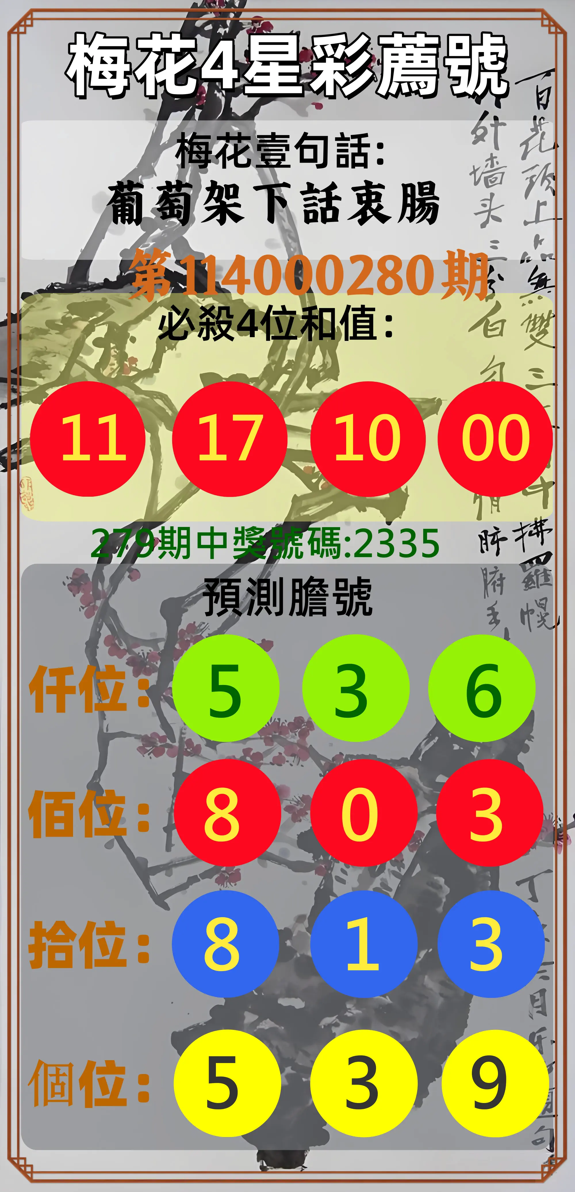 4星彩第114000280期(11/19)梅花4星彩薦號