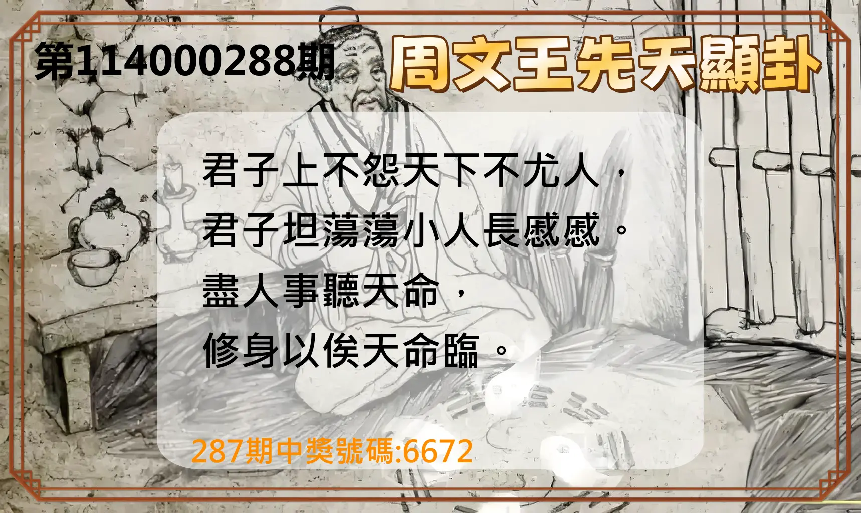 4星彩第114000288期(11/28)周文王先天顯卦