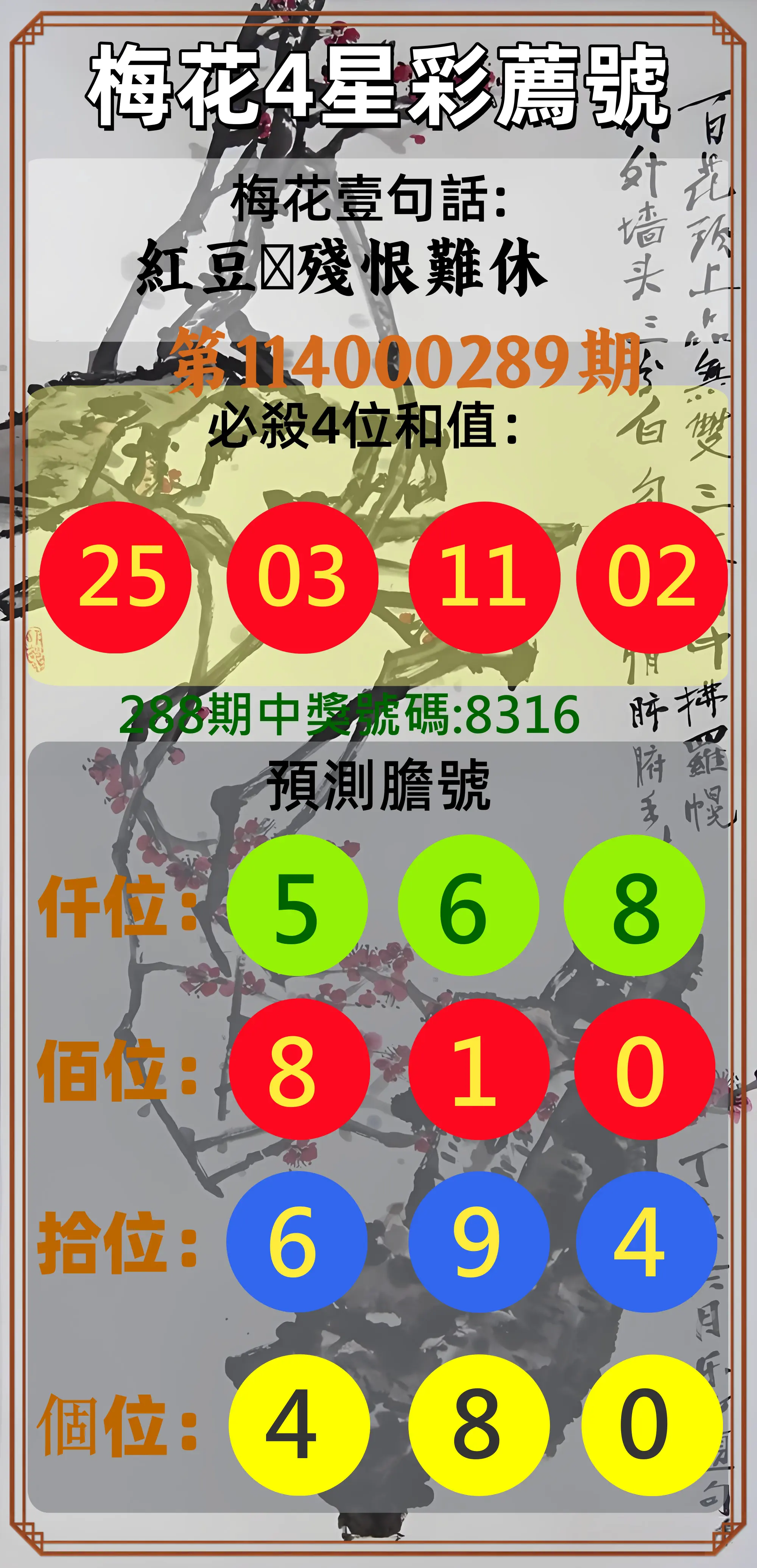 4星彩第114000289期(11/29)梅花4星彩薦號