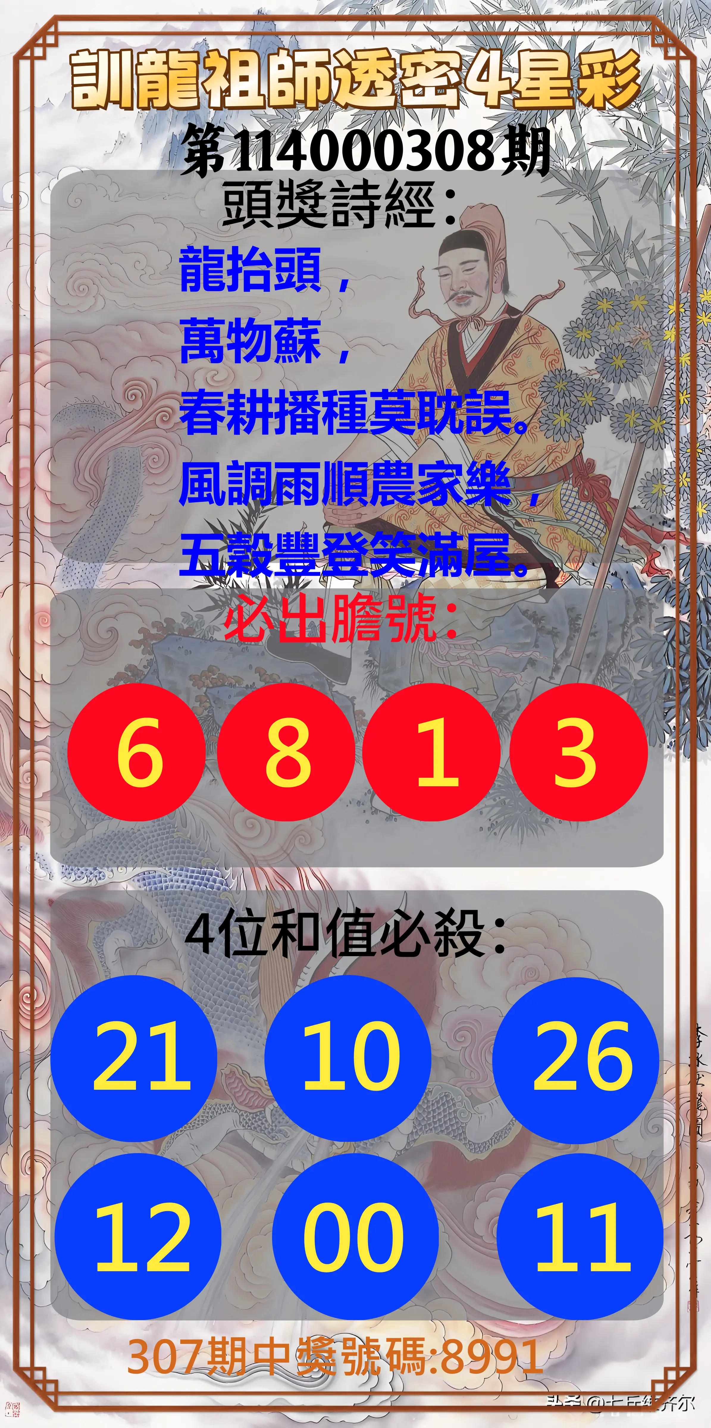 4星彩第114000308期(12/22)訓龍祖師透密4星彩