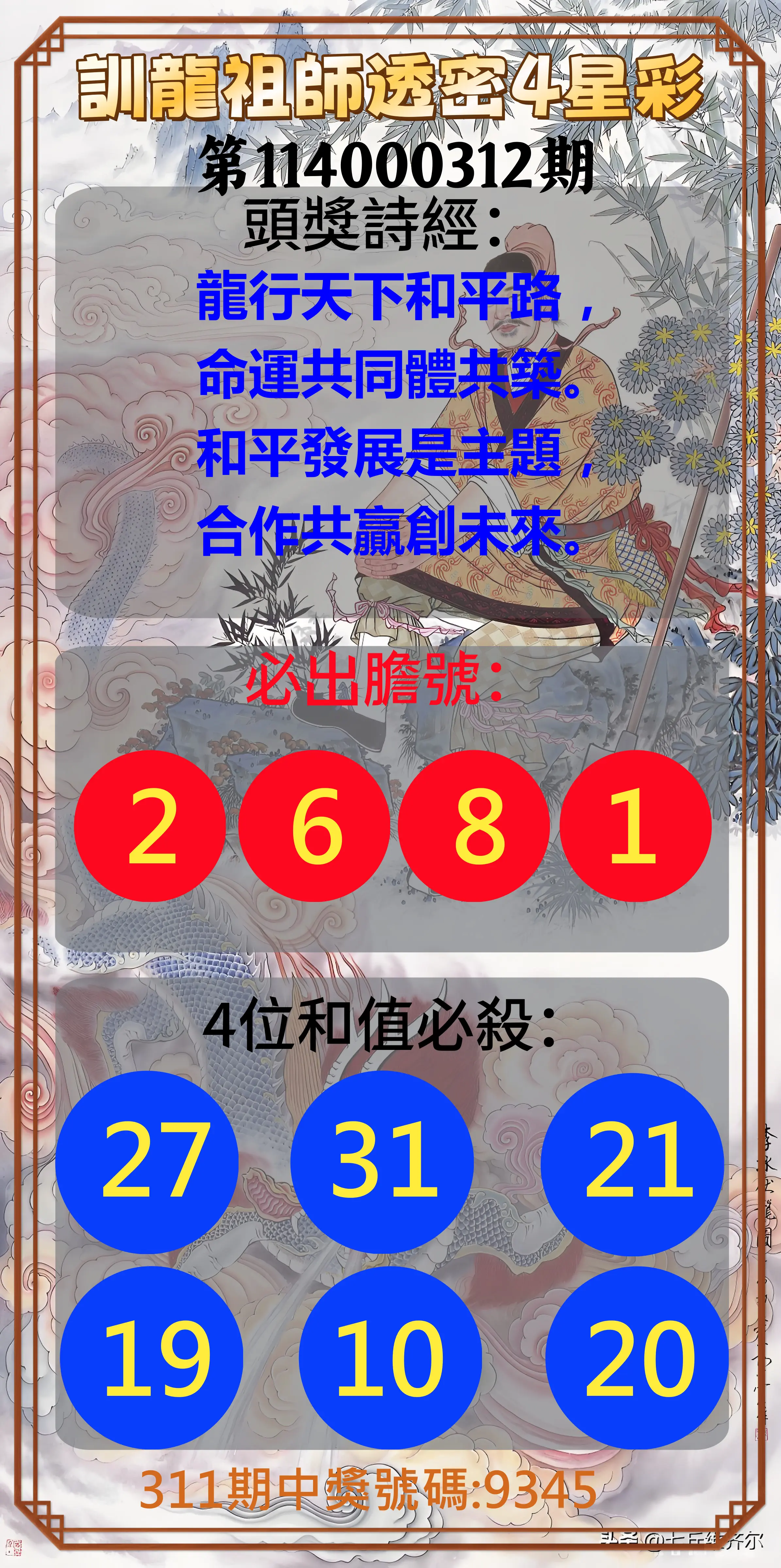 4星彩第114000312期(12/26)訓龍祖師透密4星彩