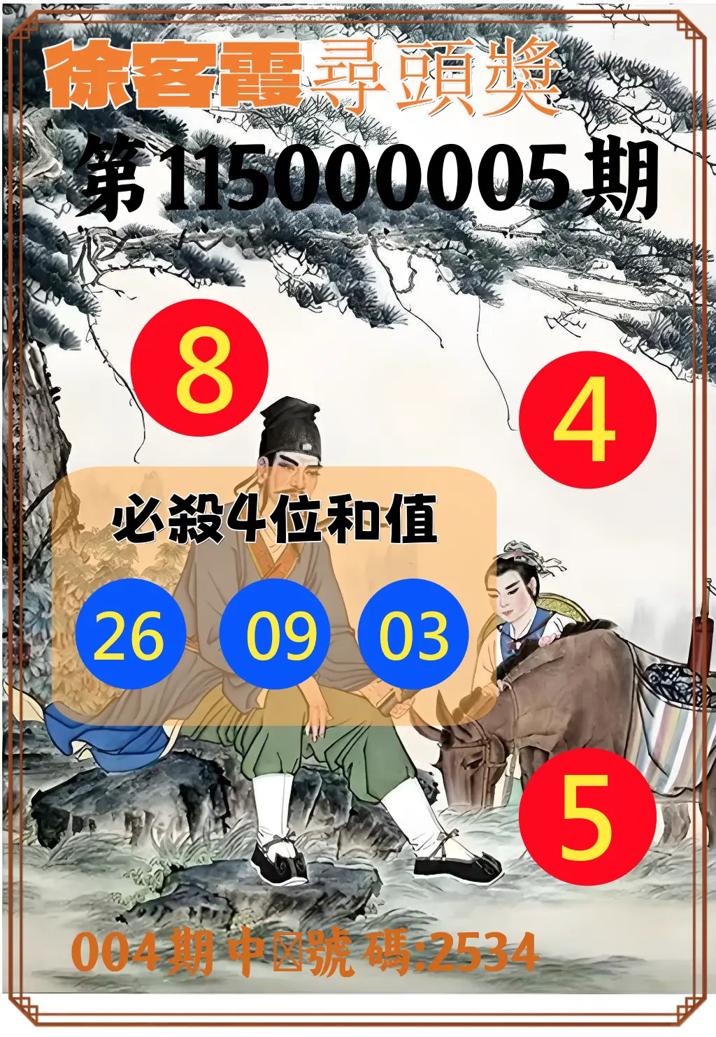 4星彩第115000005期(01/06)徐客霞尋頭獎