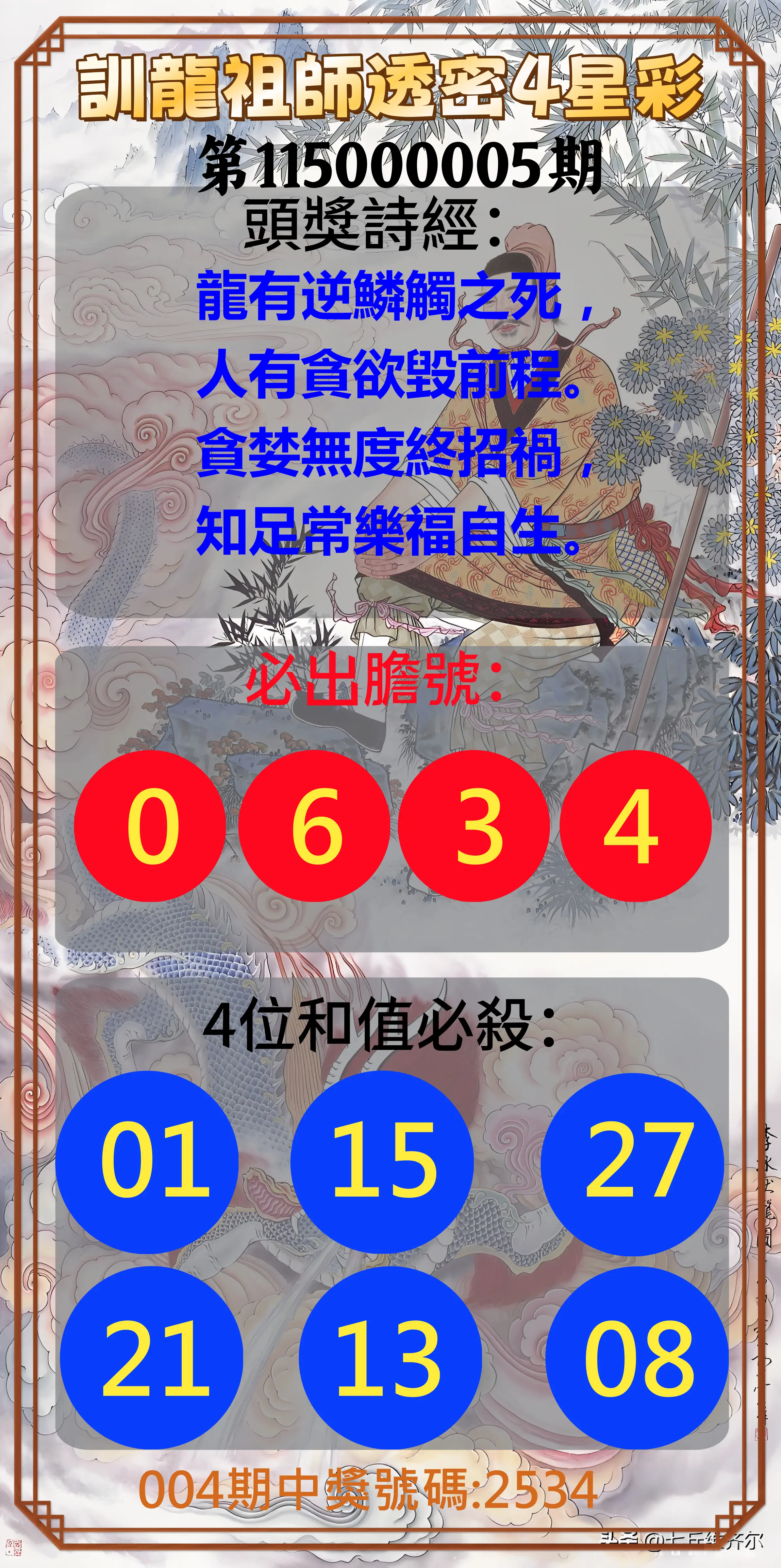 4星彩第115000005期(01/06)訓龍祖師透密4星彩