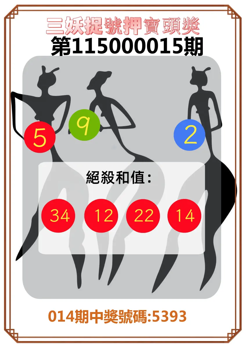 4星彩第115000015期(01/17)三妖捉號押寶頭獎