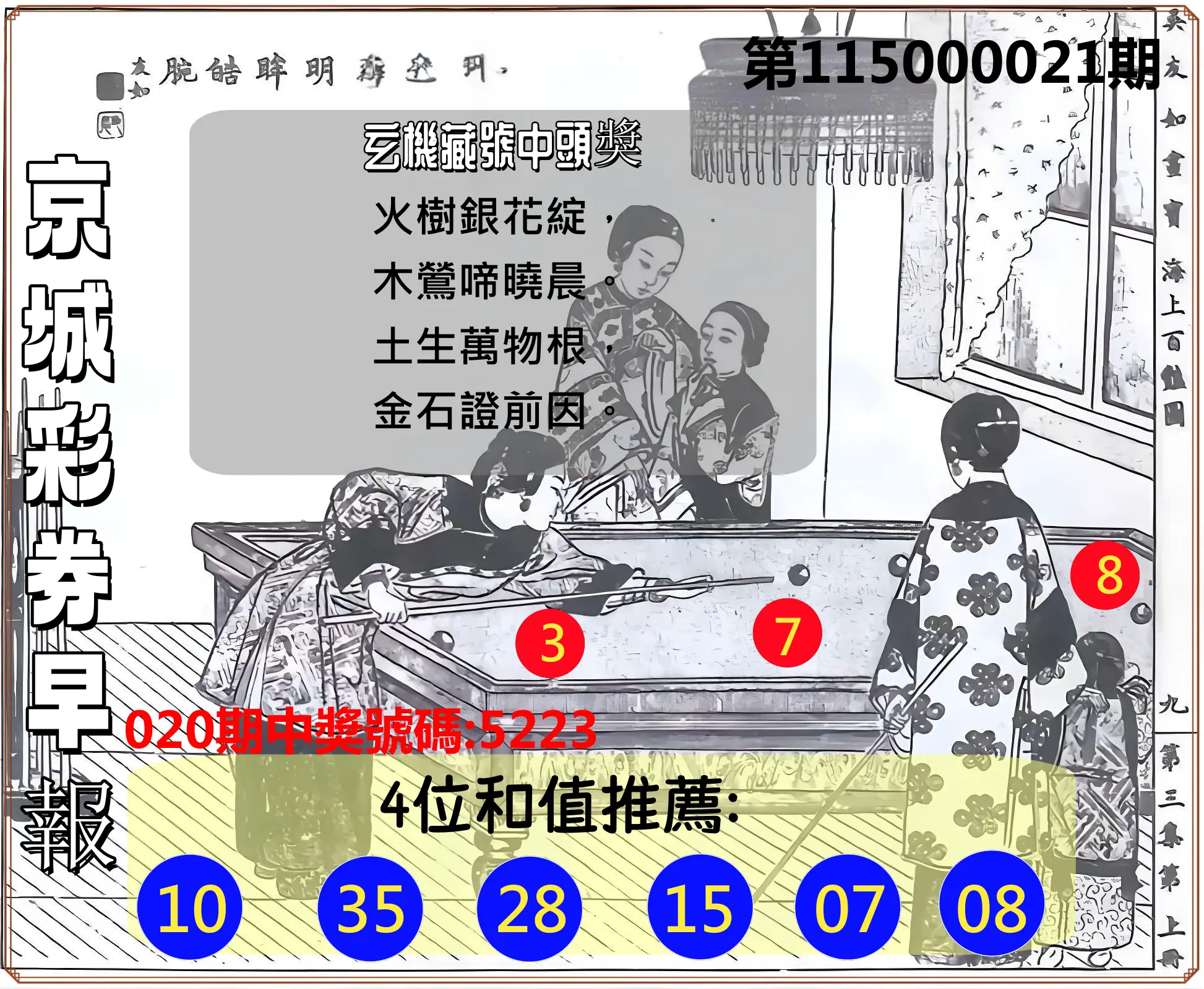 4星彩第115000021期(01/24)京城彩券早報