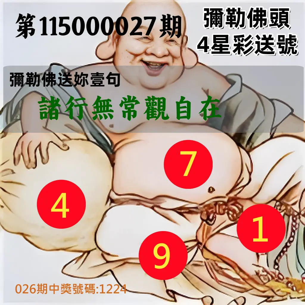 4星彩第115000027期(01/31)彌勒佛頭4星彩送號