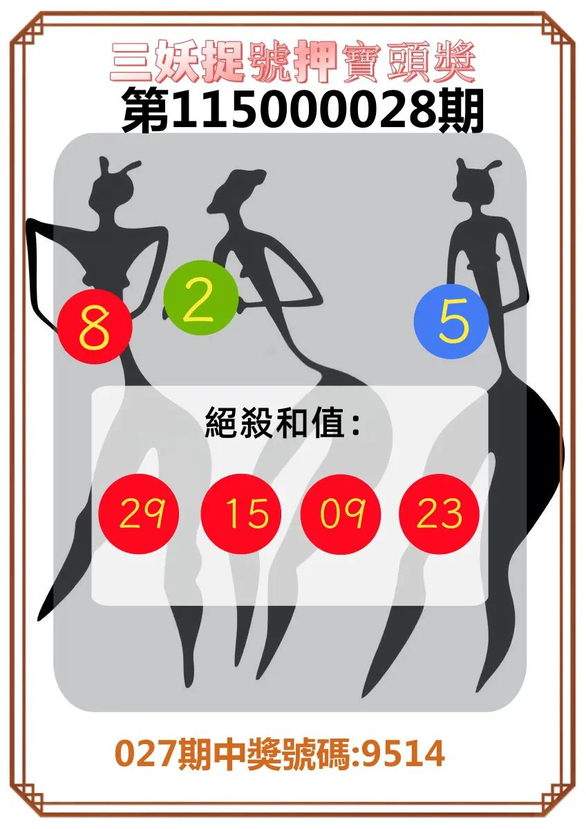 4星彩第115000028期(02/02)三妖捉號押寶頭獎
