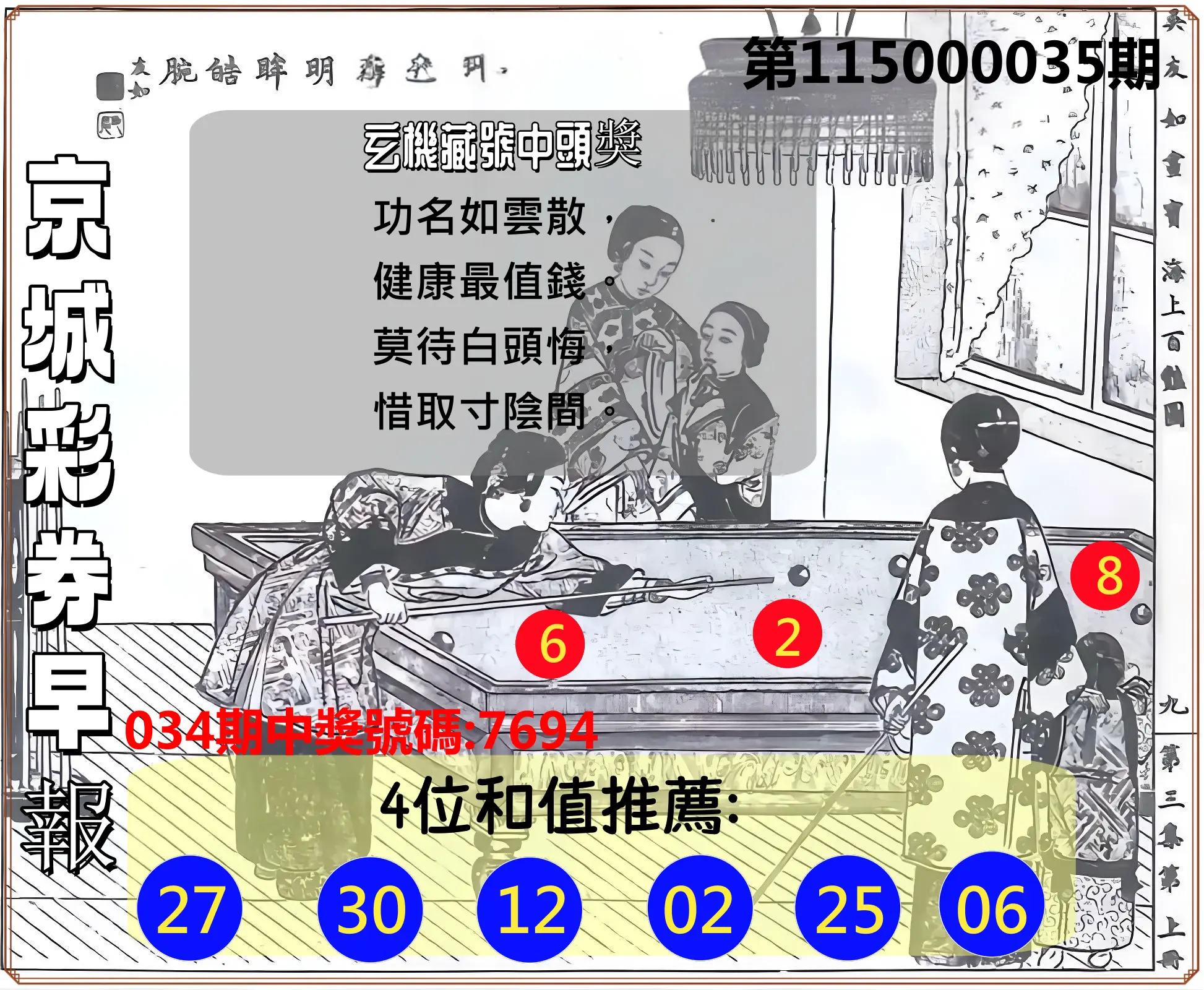 4星彩第115000035期(02/10)京城彩券早報